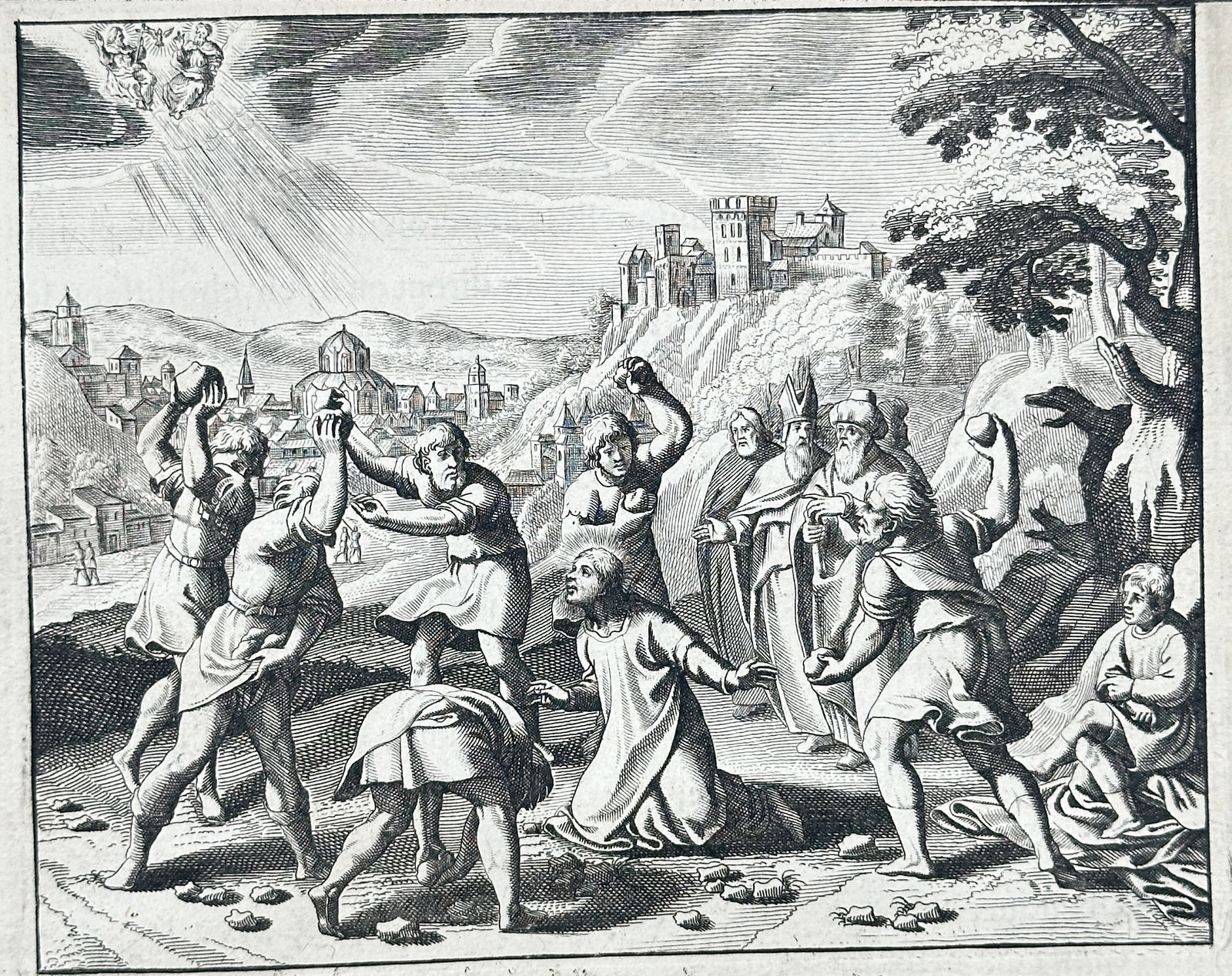 Nicolas Fontaine – The Stoning of Saint Stephen – Engraving (17th Century): "The Stoning of Saint Stephen" depicts the martyrdom of the early Christian deacon kneeling in prayer while an aggressive crowd casts heavy stones upon him outside city walls. Heavenly light breaks th