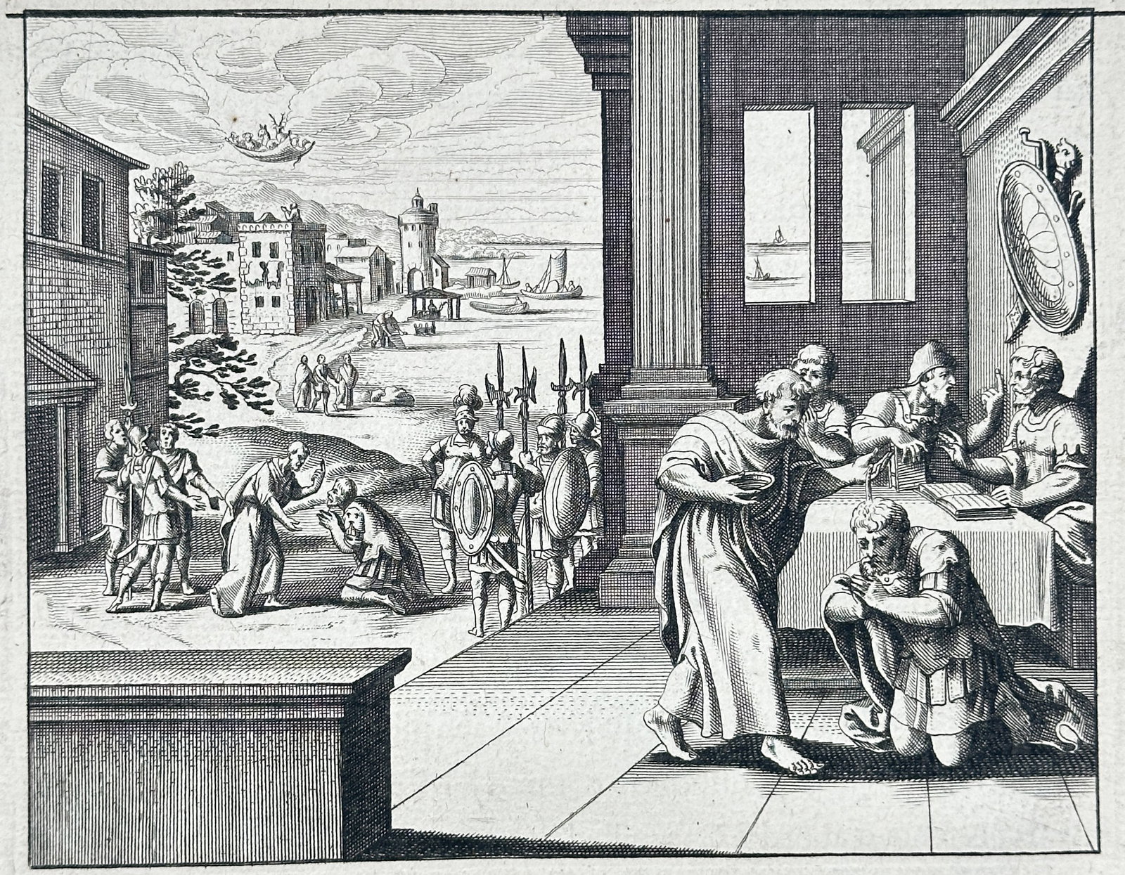 Nicolas Fontaine – The Baptism of Cornelius the Centurion – Engraving (17th Century): "The Baptism of Cornelius the Centurion" depicts Saint Peter administering baptism to the kneeling Roman centurion Cornelius within an architectural terrace overlooking a coastal harbor. The biblical 