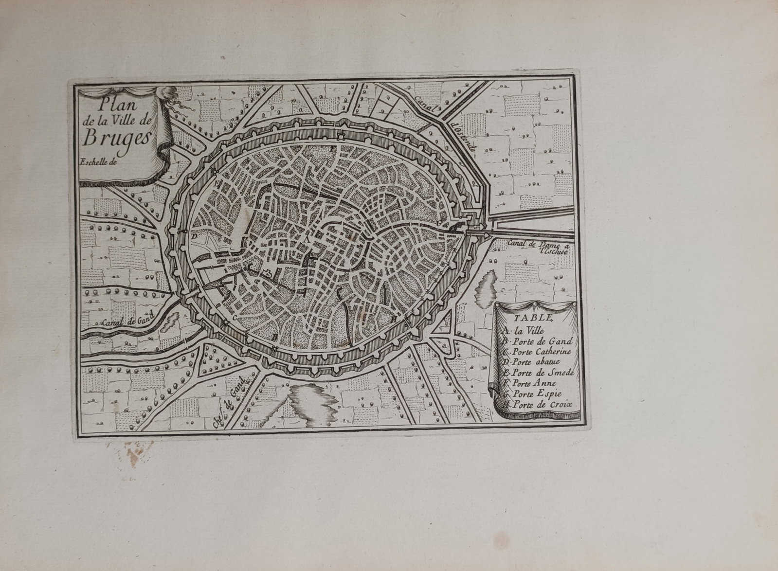 Isaac Basire – Map of Bruges – Belgium – Engraving (18th Century): "Plan of the City of Bruges" presents an eighteenth-century cartographic city plan illustrating the fortified walls, internal canal network, urban street layout, and surrounding countryside of Bruges.