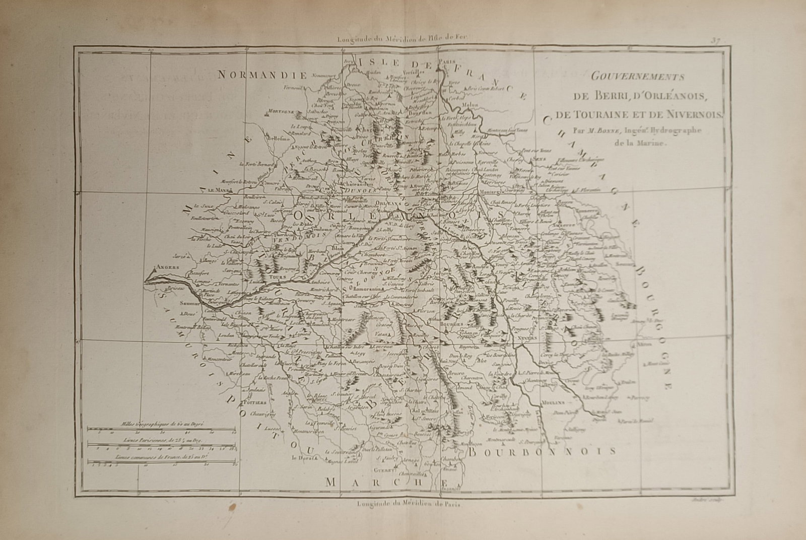 Rigobert Bonne – Map of Berry, Orléanais, Touraine, and Nivernois – France – Engraving (1 of 2)