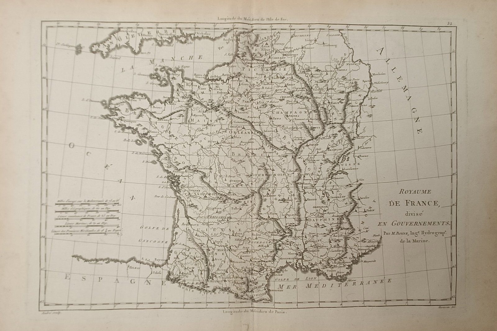 Rigobert Bonne – Map of the Kingdom of France – Engraving (18th Century) (1 of 2)