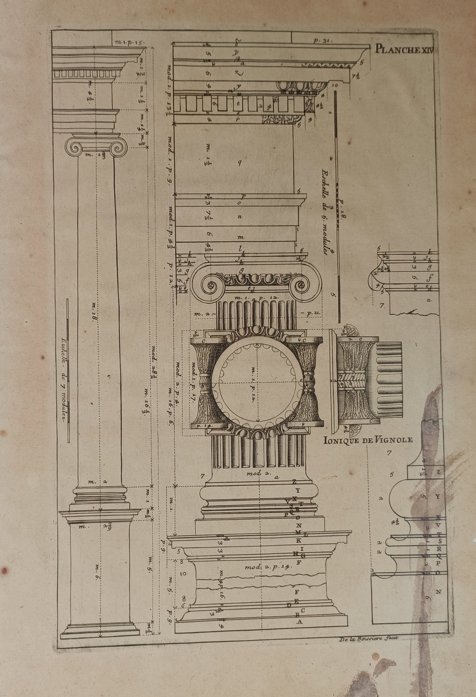 François Blondel – Ionic Order of Vignola Architectural Study – Engraving (1675): "Ionic Order of Vignola" presents a seventeenth-century architectural treatise study illustrating the classical proportions, column elevations, capital details, and entablature moldings of the Ionic o