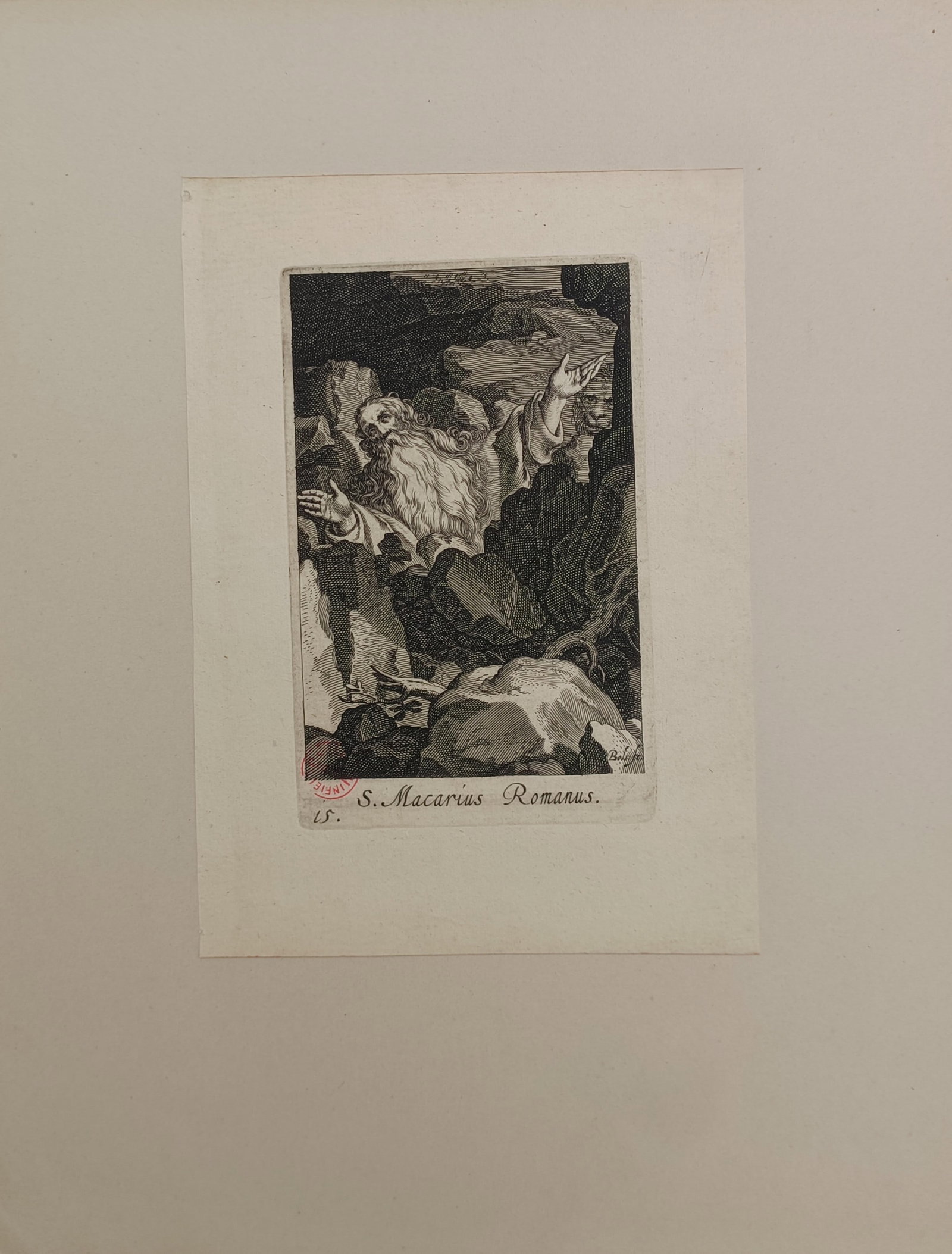 Boetius Adamsz Bolswert – Saint Macarius Romanus – Engraving (17th Century): "Saint Macarius Romanus" presents a seventeenth-century devotional print illustrating the ascetic hermit engaged in spiritual contemplation within a rugged rocky wilderness. The copperplate engraving 
