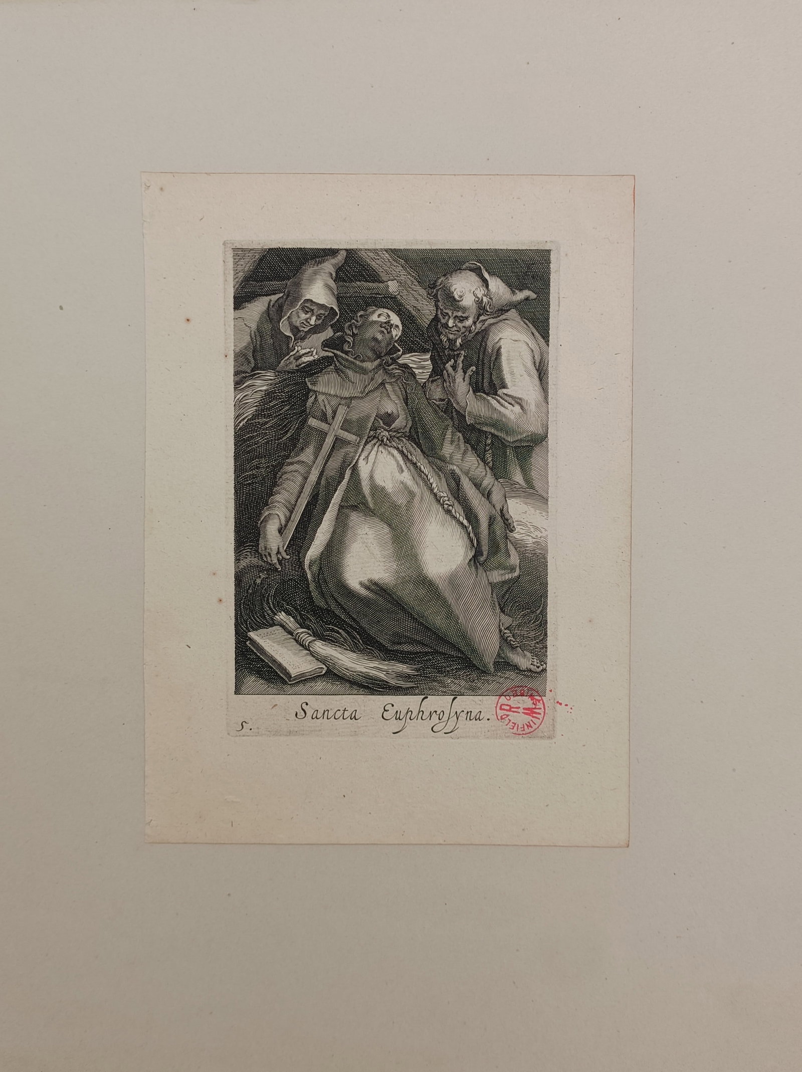 Boetius Adamsz Bolswert – Saint Euphrosyne – Engraving (17th Century): "Saint Euphrosyne" presents a seventeenth-century devotional print illustrating the holy recluse holding a crucifix while attended by monastic figures during her spiritual contemplation. The copperpla