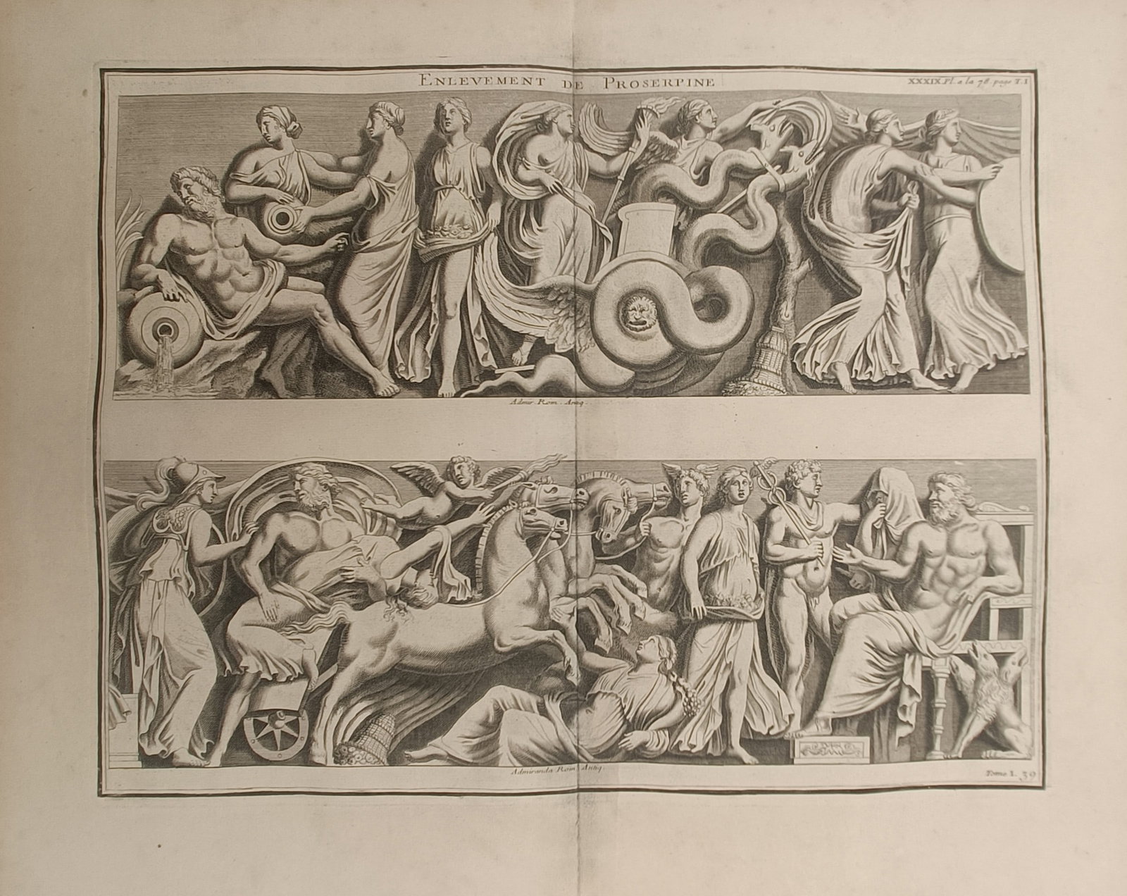 Bernard de Montfaucon – The Abduction of Proserpina – Engraving (18th Century): "The Abduction of Proserpina" presents an eighteenth-century classical mythological print illustrating ancient Roman bas-relief friezes depicting the narrative of Pluto abducting Proserpina accompanie