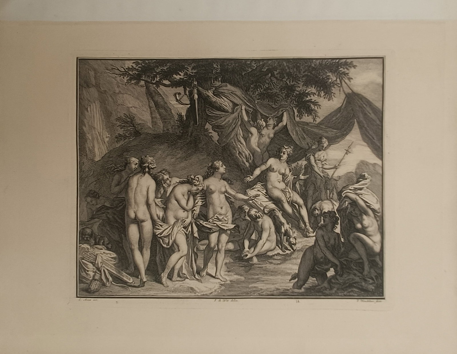 Pieter Stevens van Gunst – Diana and Callisto – Engraving (18th Century): "Diana and Callisto" presents an eighteenth-century classical mythological print illustrating the goddess Diana surrounded by her retinue of nymphs discovering the pregnancy of Callisto beside a shade