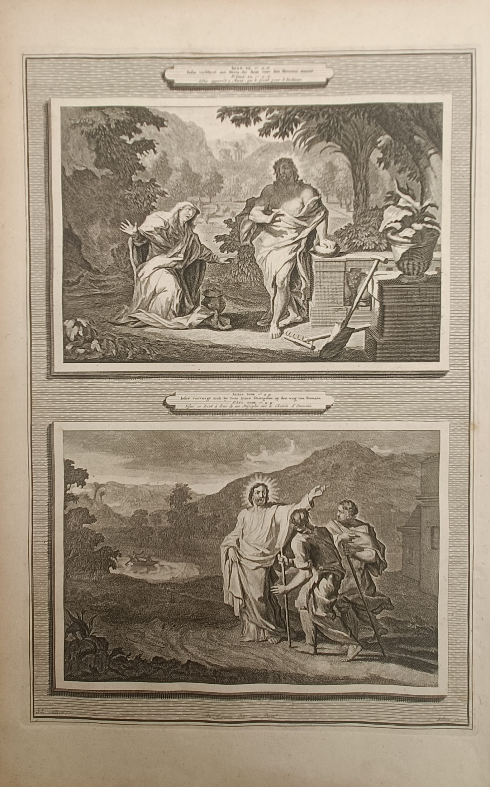 Pieter Mortier – Christ Appears to Mary Magdalene and The Road to Emmaus – Engraving: "Christ Appears to Mary Magdalene and The Road to Emmaus" presents an eighteenth-century biblical print illustrating two post-resurrection New Testament scenes, depicting the Noli me tangere garden en