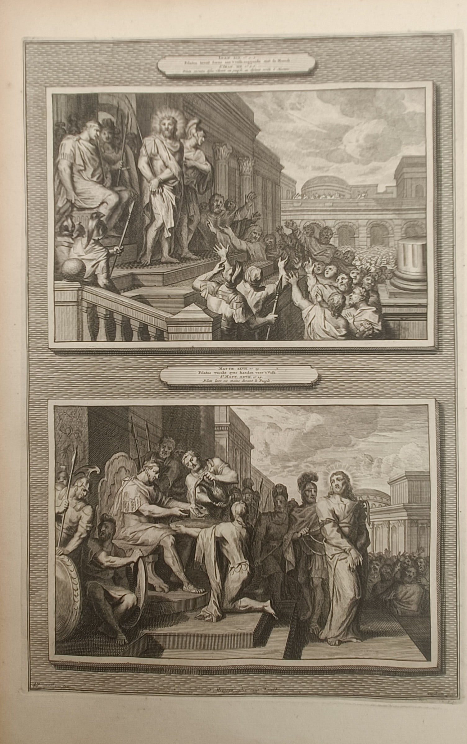 Pieter Mortier – Ecce Homo and Pilate Washing His Hands – Engraving (18th Century): "Ecce Homo and Pilate Washing His Hands" presents an eighteenth-century biblical print illustrating major Passion scenes of Christ presented to the crowd by Pontius Pilate and Pilate ritually washing 