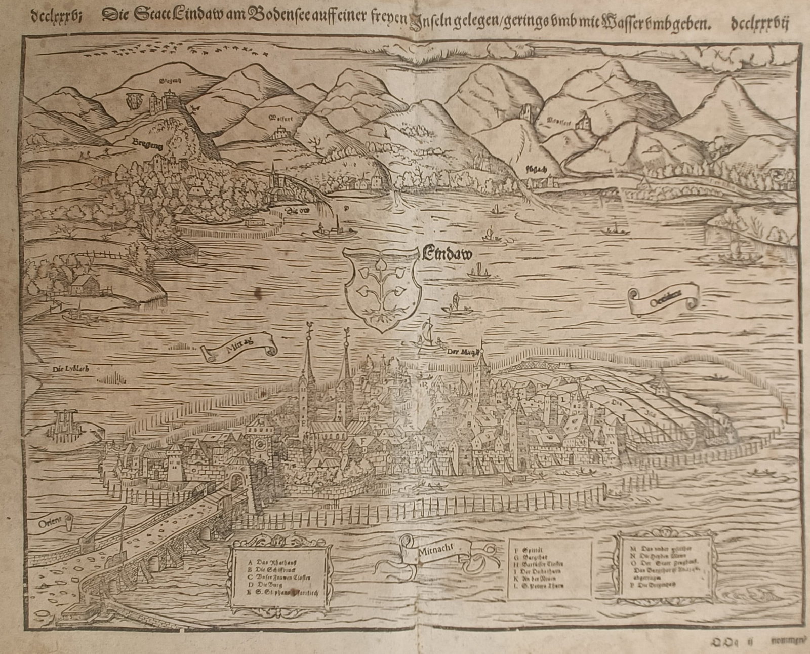 Sebastian Münster – Map of Lindau on Lake Constance – Germany – Woodcut (16th Century) (1 of 2)