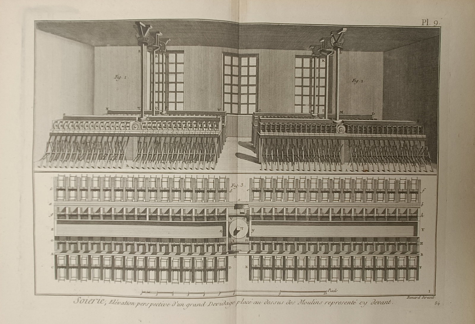 Robert Benard – Perspective Elevation of a Large Silk Winding Machine – Engraving (18th Century) (1 of 2)