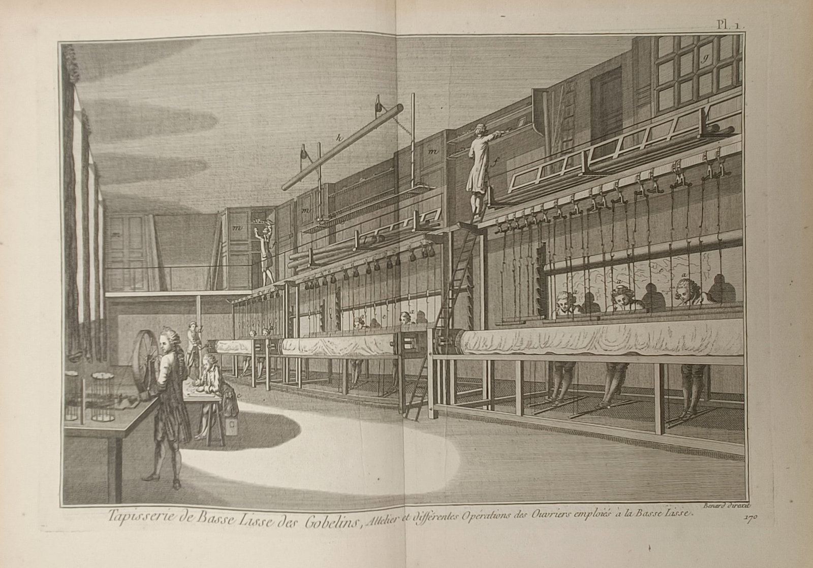 Robert Benard – Gobelins Low-Warp Tapestry Workshop – Engraving (18th Century): "Low-Warp Tapestry of the Gobelins, Workshop and Different Operations of the Workers Employed in Low-Warp Weaving" depicts the interior of a historic textile manufactory illustrating craftsmen engaged