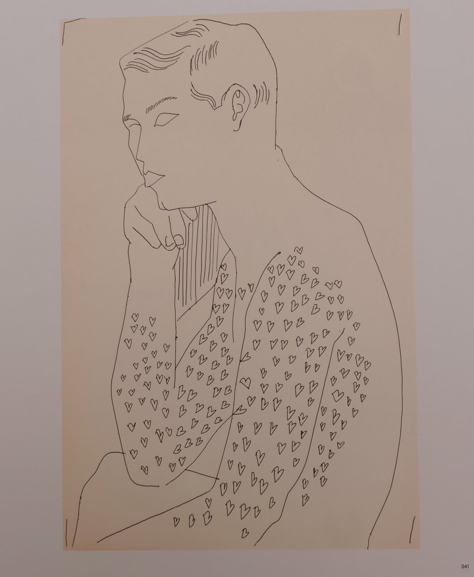 Andy Warhol,after – Male Figure with Heart Motifs – Offset lithographic reproduction (2006): "Male Figure with Heart Motifs" presents a stylized line drawing of a pensive seated figure adorned with intricate patterns of repeating hearts. This print was published by Phaidon in 2006 as part of 