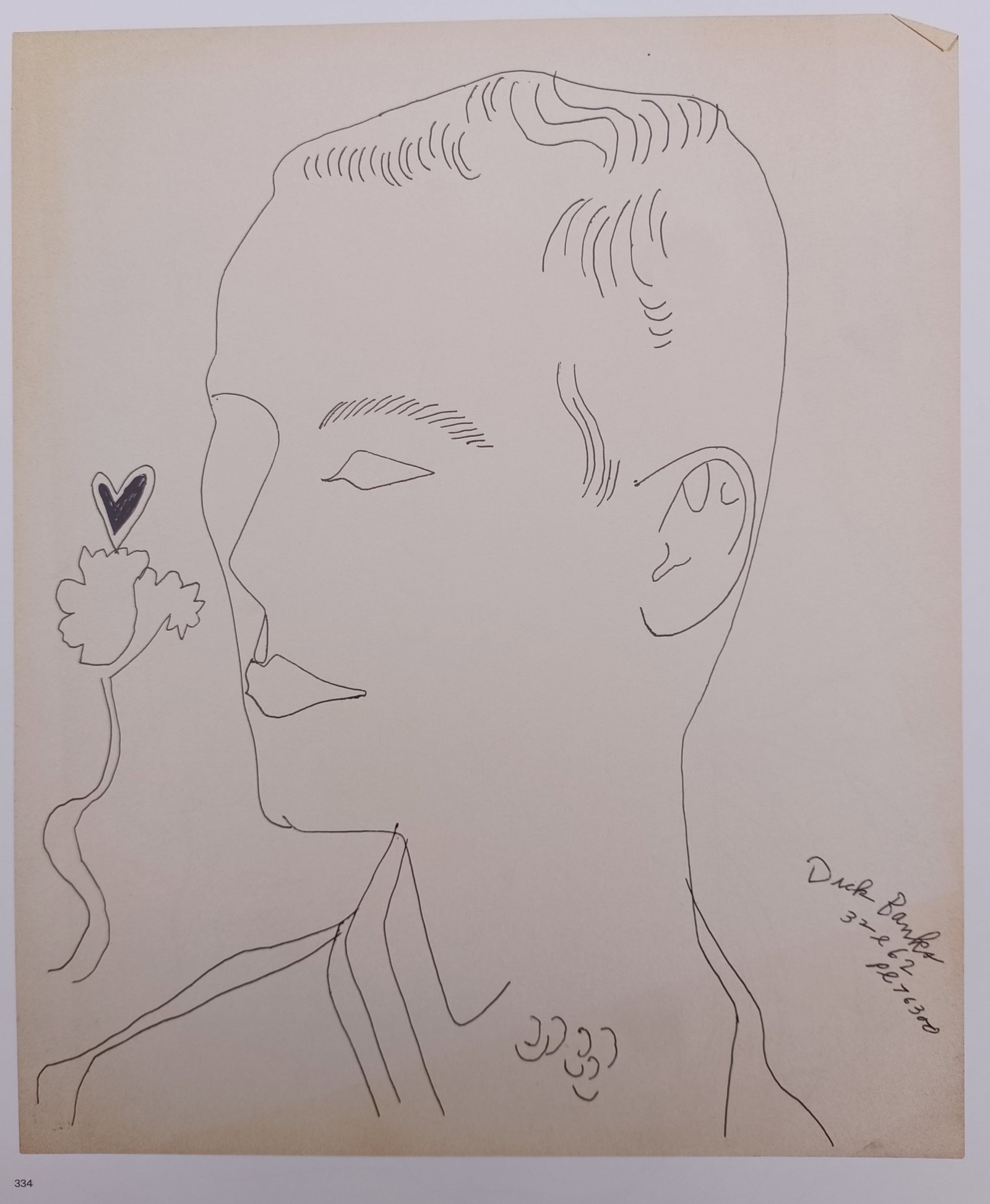 Andy Warhol,after – Portrait of Dick Banks – Offset lithographic reproduction (2006): "Portrait of Dick Banks" features an elegant minimalist line drawing of a young man in profile accompanied by a delicate botanical and heart motif. This print was published by Phaidon in 2006 as part 