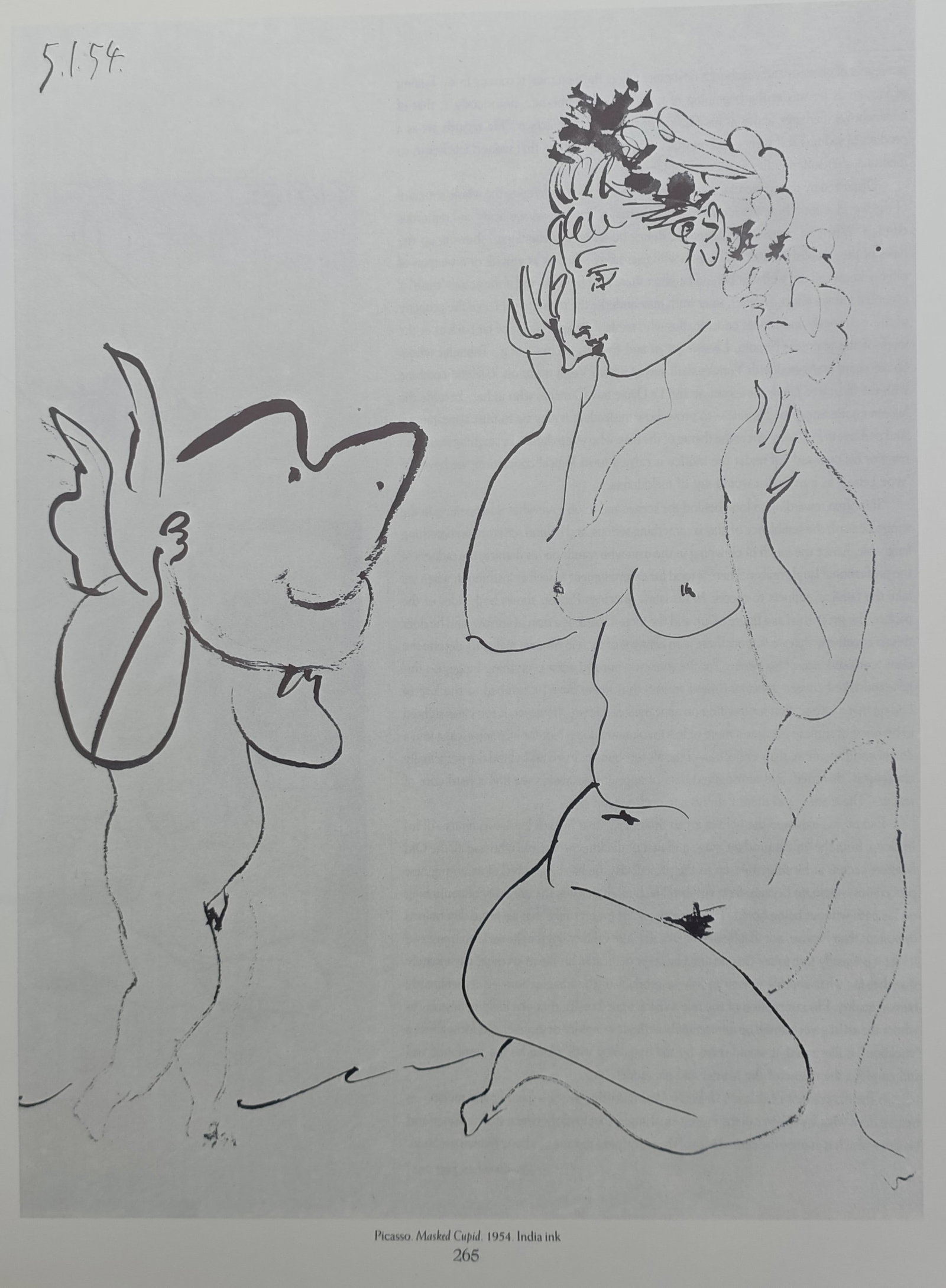 Pablo Picasso,after – Masked Cupid – Offset print (20th Century): "Masked Cupid" features a mythological composition rendered in fluid linear contours depicting a winged cherub wearing a theatrical mask before a seated classical female figure. The composition captur