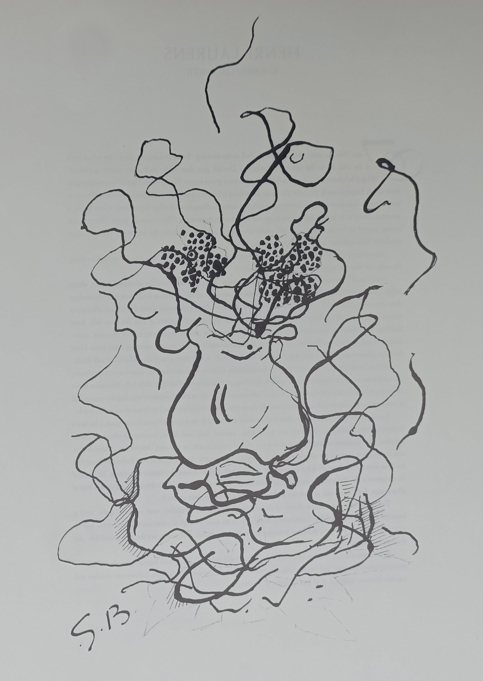 Georges Braque,after – Floral Still Life in a Vase – Offset print (20th Century): "Floral Still Life in a Vase" presents an expressive linear composition capturing a bouquet of flowers arranged within a vase surrounded by rhythmic, undulating contours. The artwork showcases the art