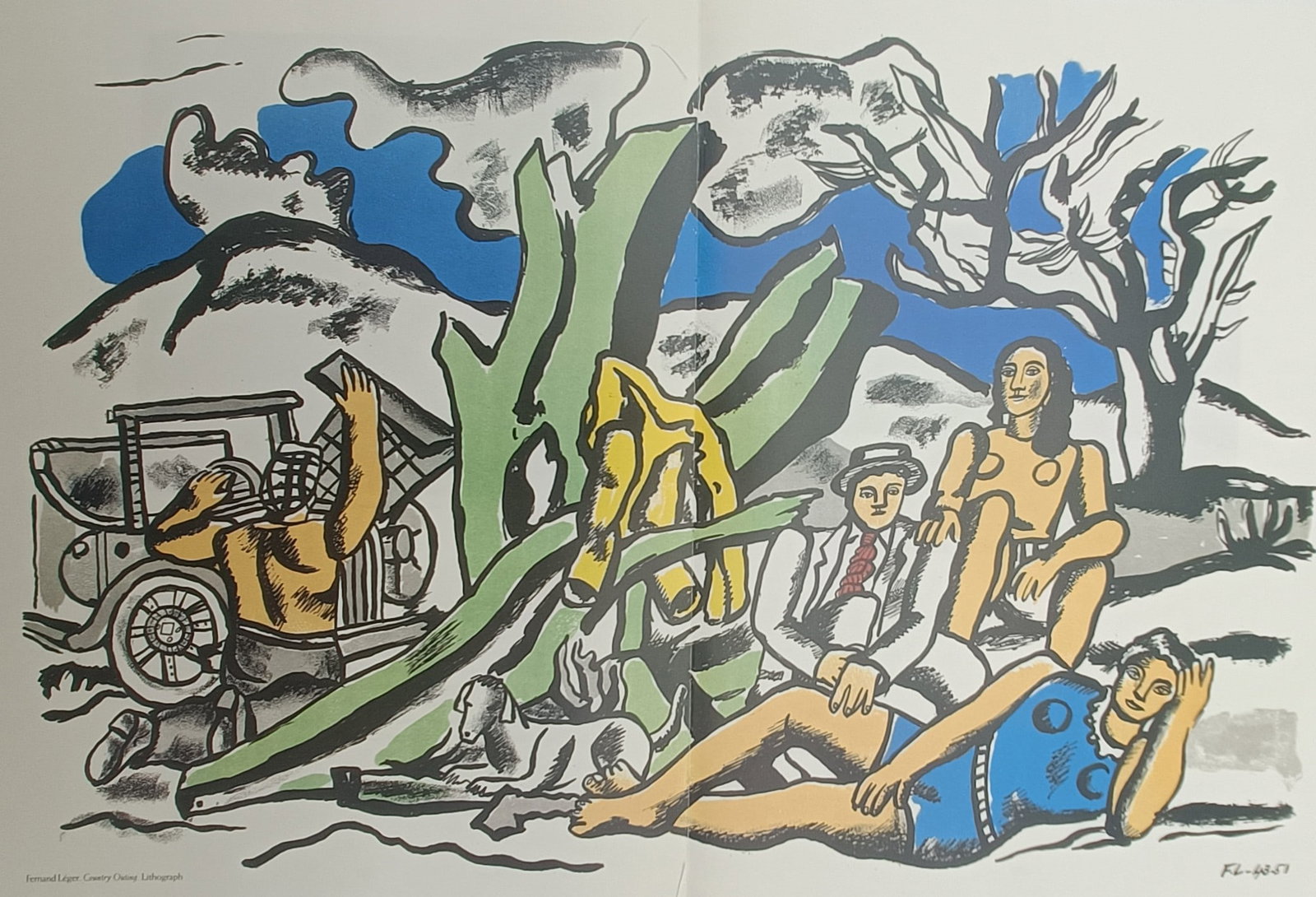 Fernand Léger,after – Country Outing – Offset print (20th Century): "Country Outing" illustrates a dynamic outdoor leisure scene featuring figures, an automobile, and a dog resting in an abstracted natural landscape. The composition exemplifies the artist's signature 