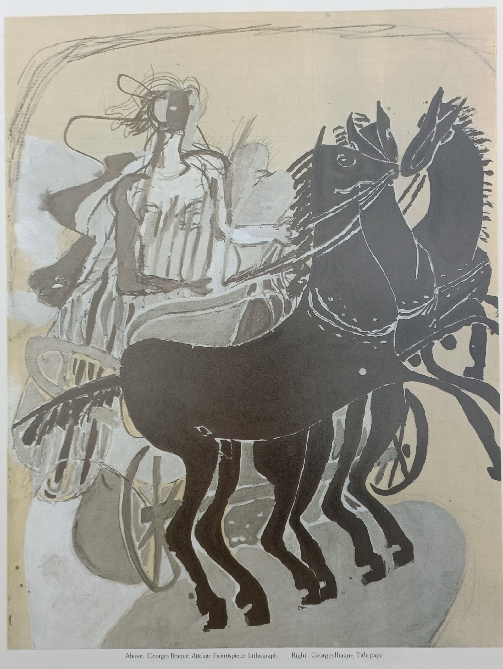 Georges Braque,after – Chariot Team – Offset print (20th Century): "Team of Horses" presents a mythological composition depicting a charioteer driving a dynamic team of horses with sweeping contours and bold tonal forms. The artwork exemplifies the artist's classical