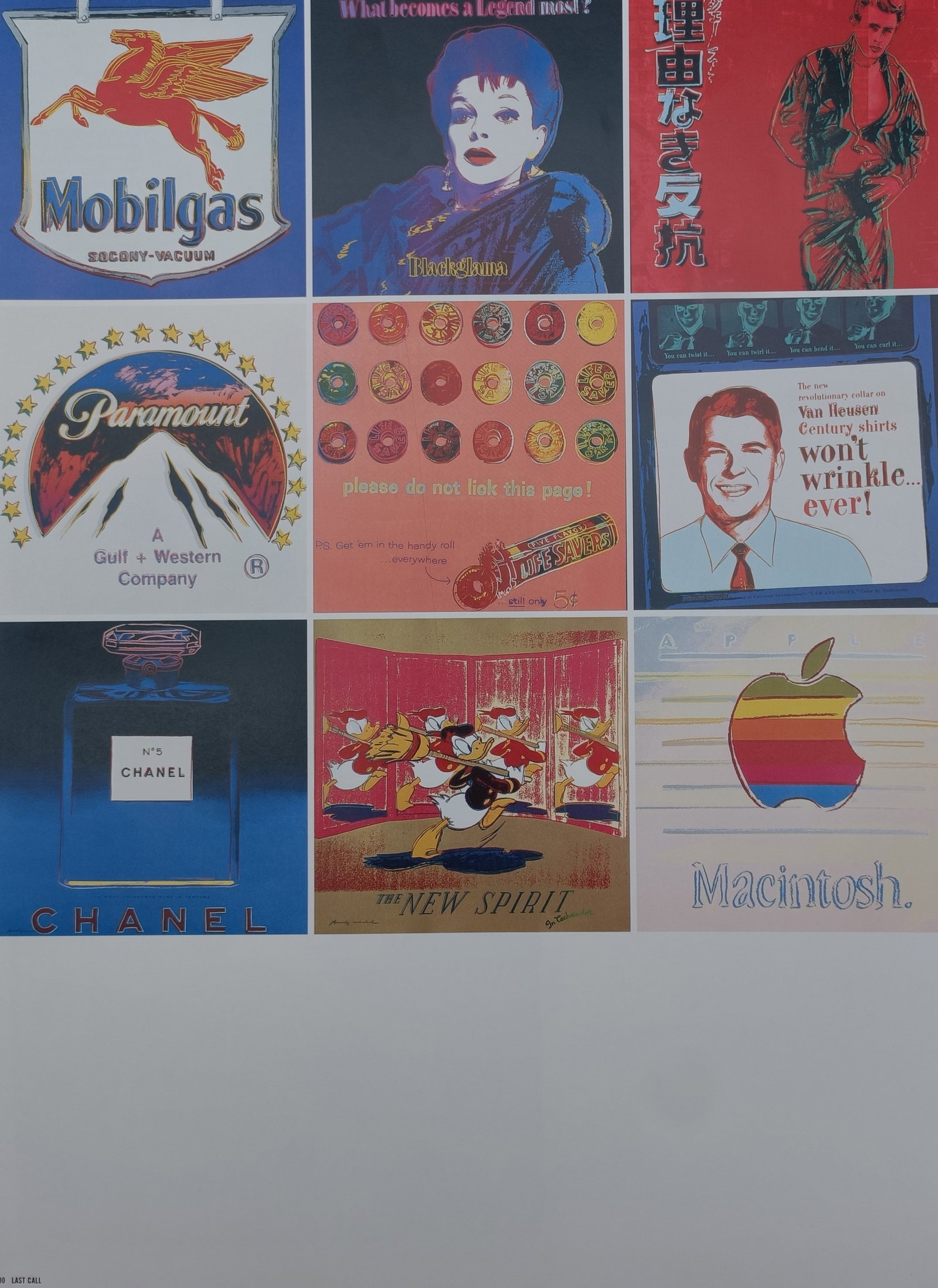Andy Warhol – Ads Portfolio Survey – Offset lithographic reproduction (2006): "Ads Portfolio Survey" presents a grid of vibrant commercial emblems, celebrity endorsements, and corporate brand graphics exploring consumer culture and advertising imagery. This print was published 