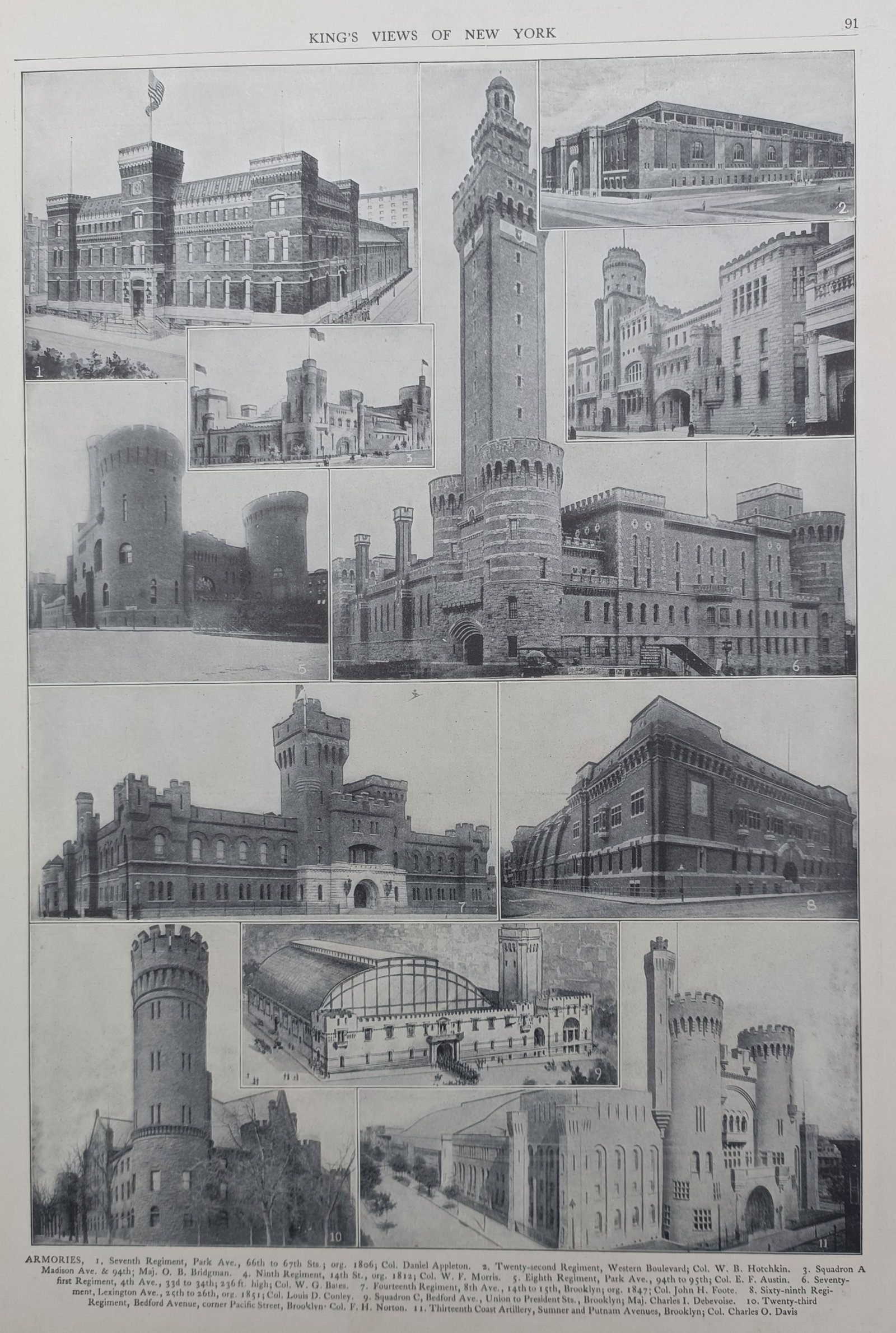 Moses King – Armories of New York – Photomechanical print (1908): "Armories of New York" presents an extensive architectural compilation illustrating the imposing fortress-like armory buildings and drill halls across the boroughs of the city. Published in New York i