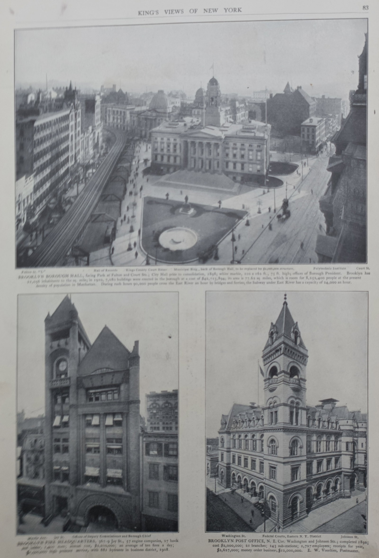 Moses King – Brooklyn Borough Hall and Civic Architecture – Photomechanical print (1908): "Brooklyn Borough Hall and Civic Architecture" presents an urban architectural survey showcasing an elevated aerial view of Borough Hall and its surrounding plaza alongside prominent municipal buildin