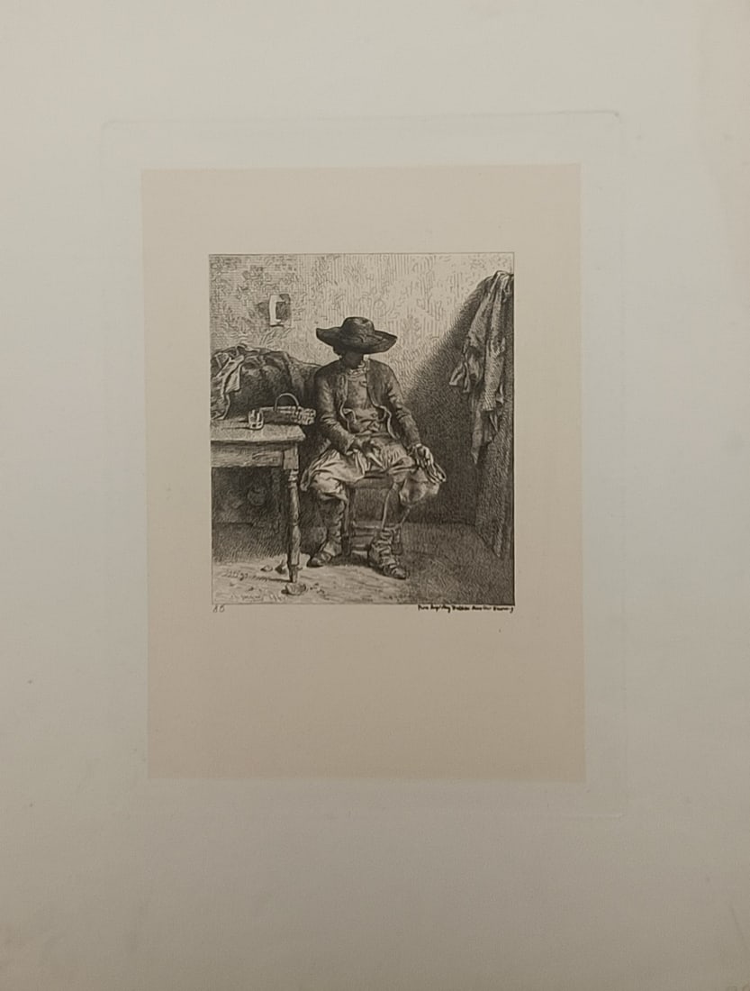 Charles Émile Jacque – Seated Peasant in an Interior – Etching (19th Century): "Seated Peasant in an Interior" presents an atmospheric genre study capturing a solitary rustic figure resting quietly inside a modest dwelling. The composition showcases delicate line work, rich chia