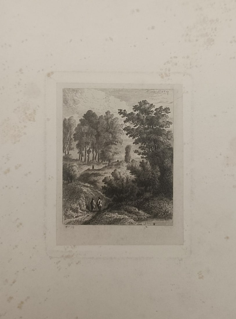 Charles Émile Jacque – Wooded Landscape with Figures – Etching (19th Century): "Wooded Landscape with Figures" presents an atmospheric pastoral landscape capturing figures traversing a winding path bordered by dense trees and rolling terrain. The composition showcases delicate c