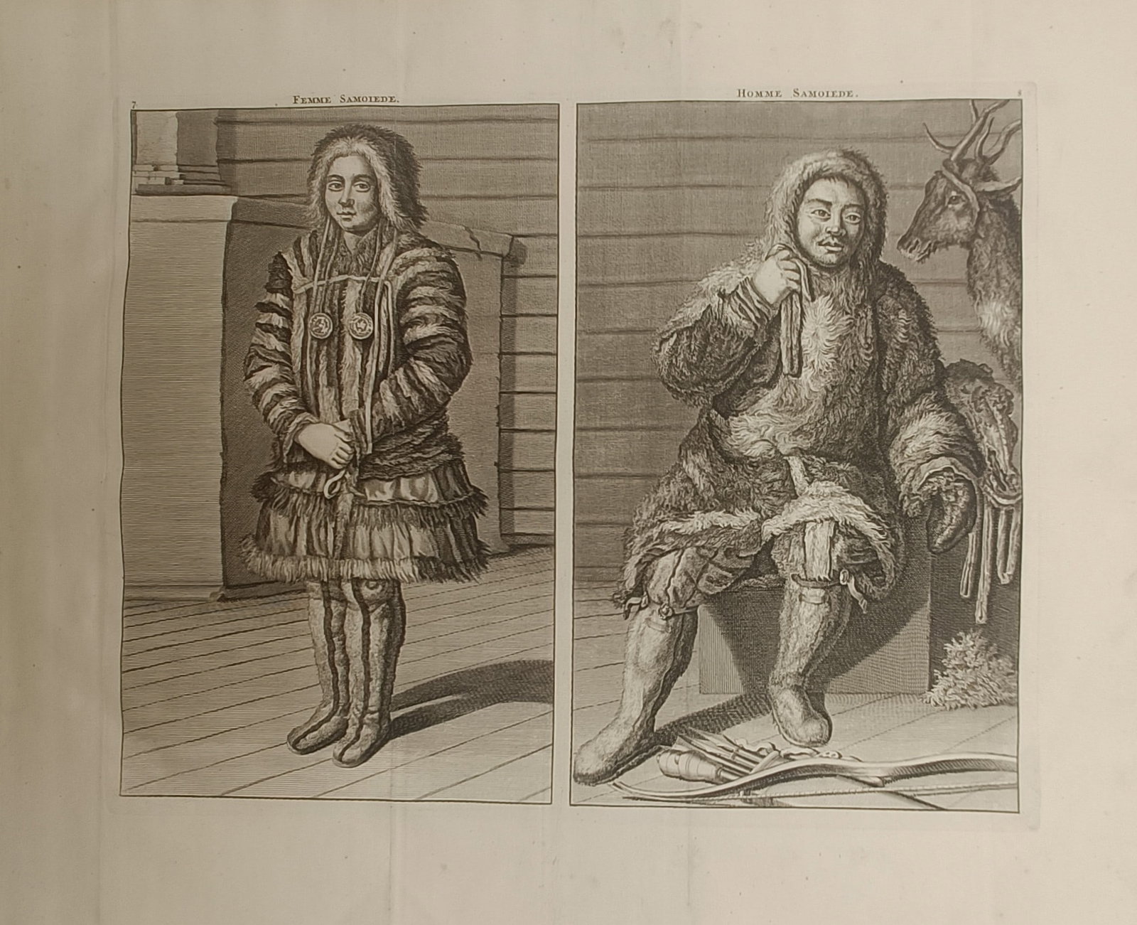 Cornelis de Bruijn – Samoyed Woman and Man in Traditional Dress – Engraving (18th Century): "Samoyed Woman and Samoyed Man" presents an ethnographic costume study depicting indigenous Siberian figures dressed in traditional heavy fur parkas, boots, and winter attire. The composition showcase