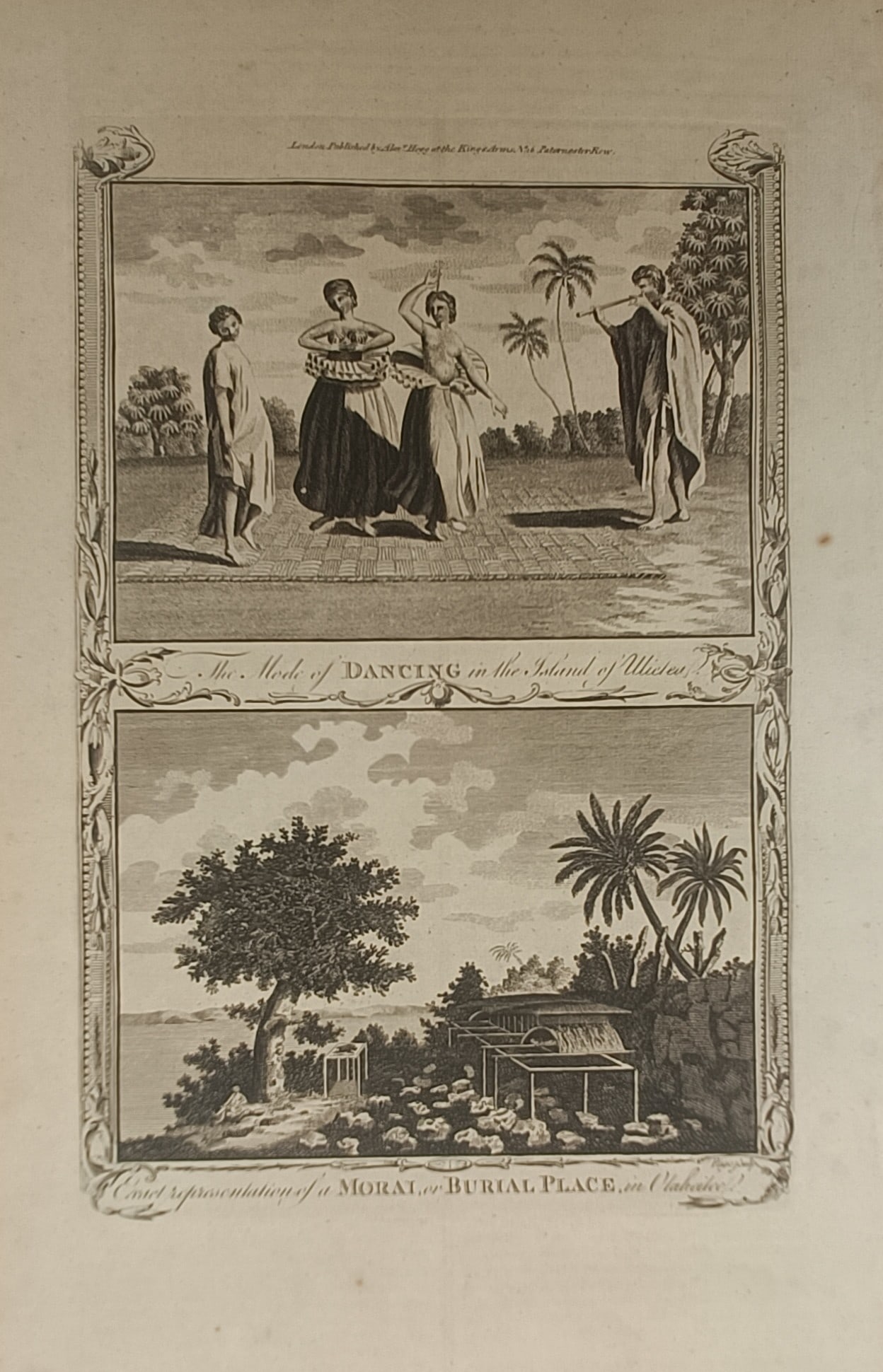 Alexander Hogg – The Mode of Dancing in the Island of Ulietea and Exact Representation: "The Mode of Dancing in the Island of Ulietea and Exact Representation of a Morai or Burial Place in Otaheite" presents an eighteenth-century ethnographic study documenting traditional Polynesian cult