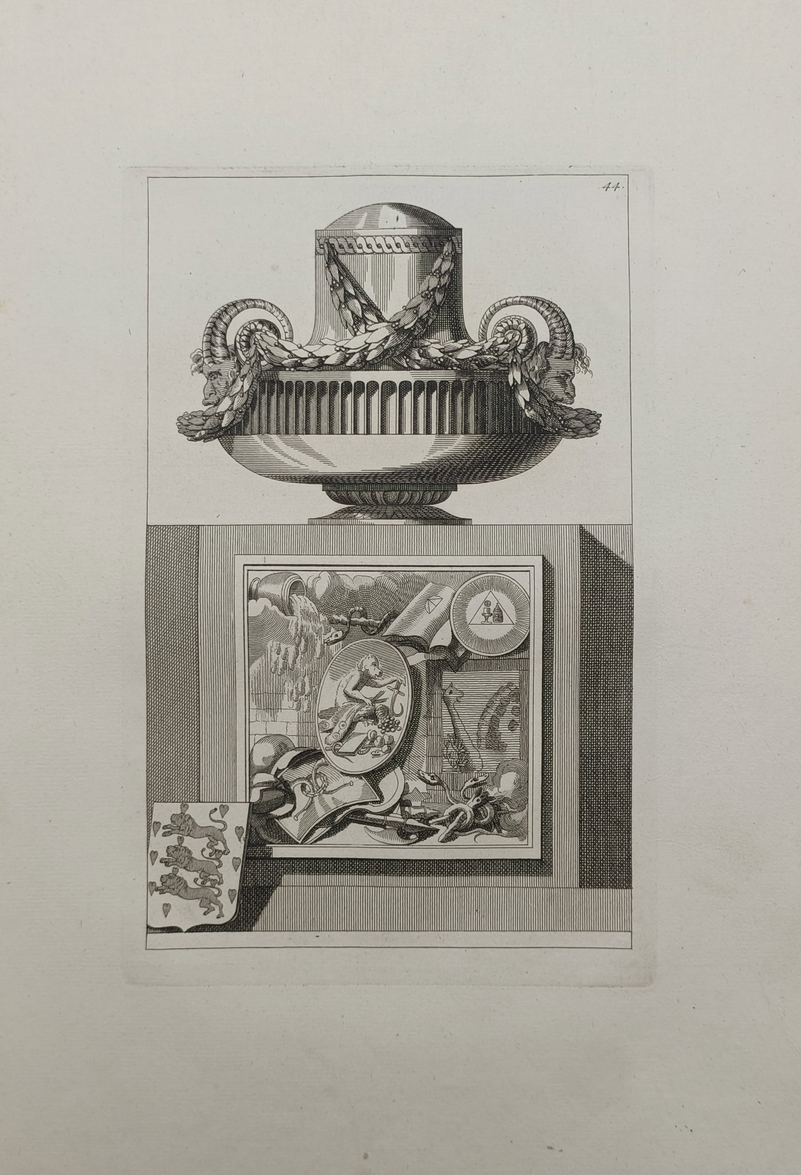 Jean-Charles Delafosse – Neoclassical Urn and Allegorical Bas-Relief – Engraving (18th Century): "Neoclassical Urn and Allegorical Bas-Relief" presents an elaborate architectural and decorative study featuring an ornate fluted urn adorned with foliate swags, set atop a plinth inset with allegoric
