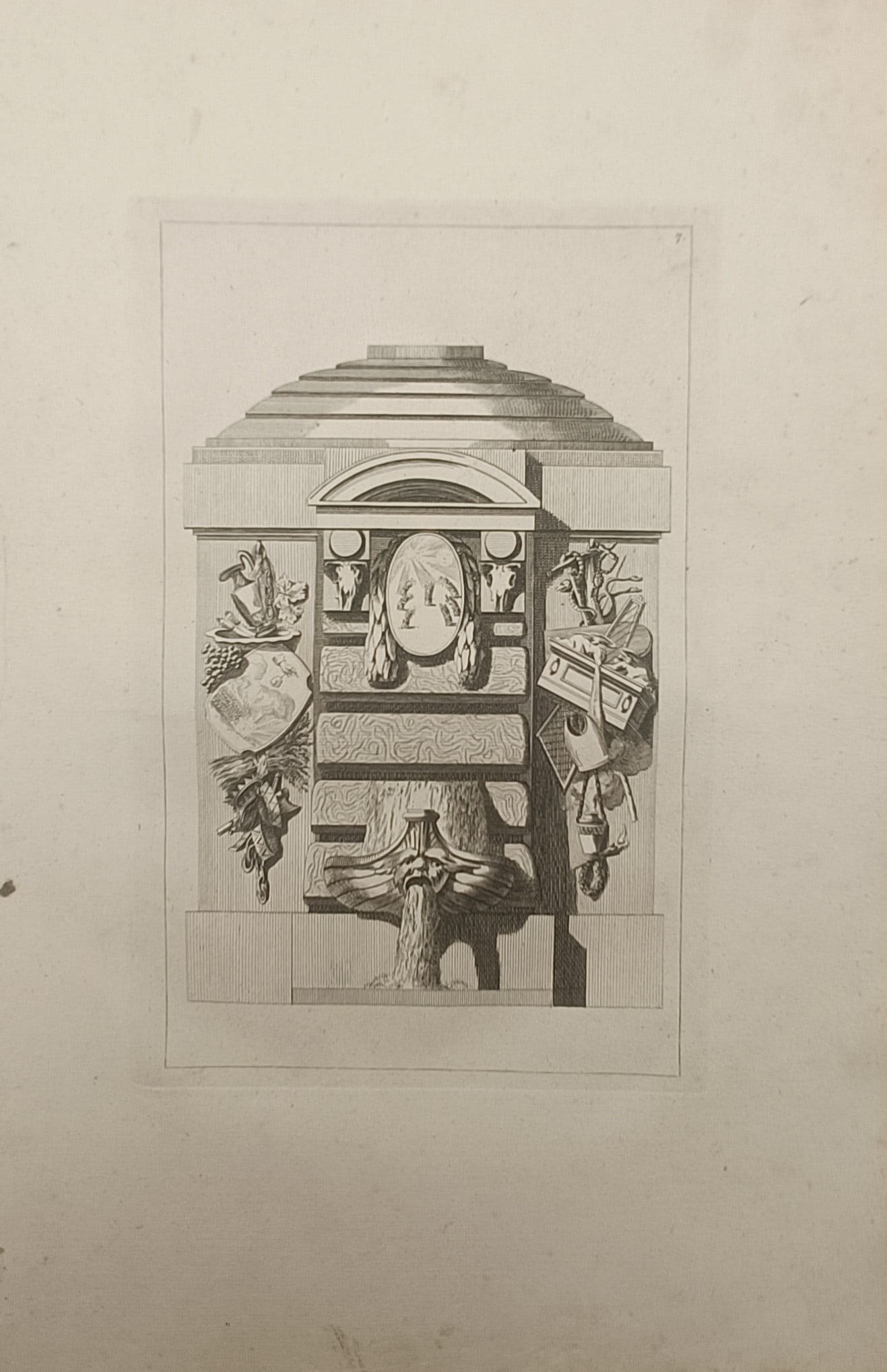Jean-Charles Delafosse – Monumental Fountain Design with Allegorical Trophies – Engraving (1 of 2)