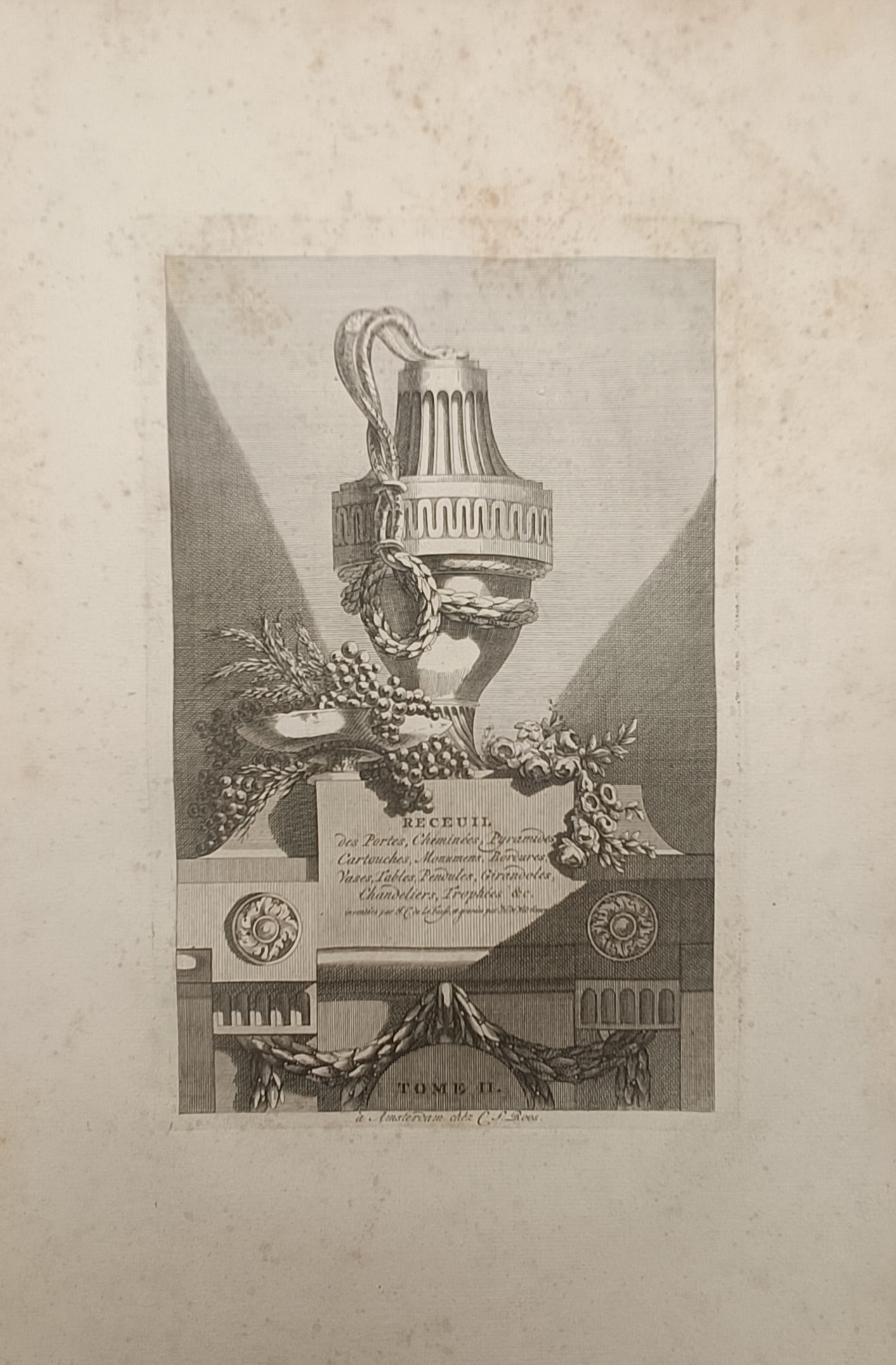 Jean-Charles Delafosse – Title Frontispiece with Neoclassical Urn and Festoons – Engraving: "Title Frontispiece with Neoclassical Urn and Festoons" presents an ornamental frontispiece design featuring a fluted antique cinerary urn entwined with braided laurel ropes, set upon an inscribed arc