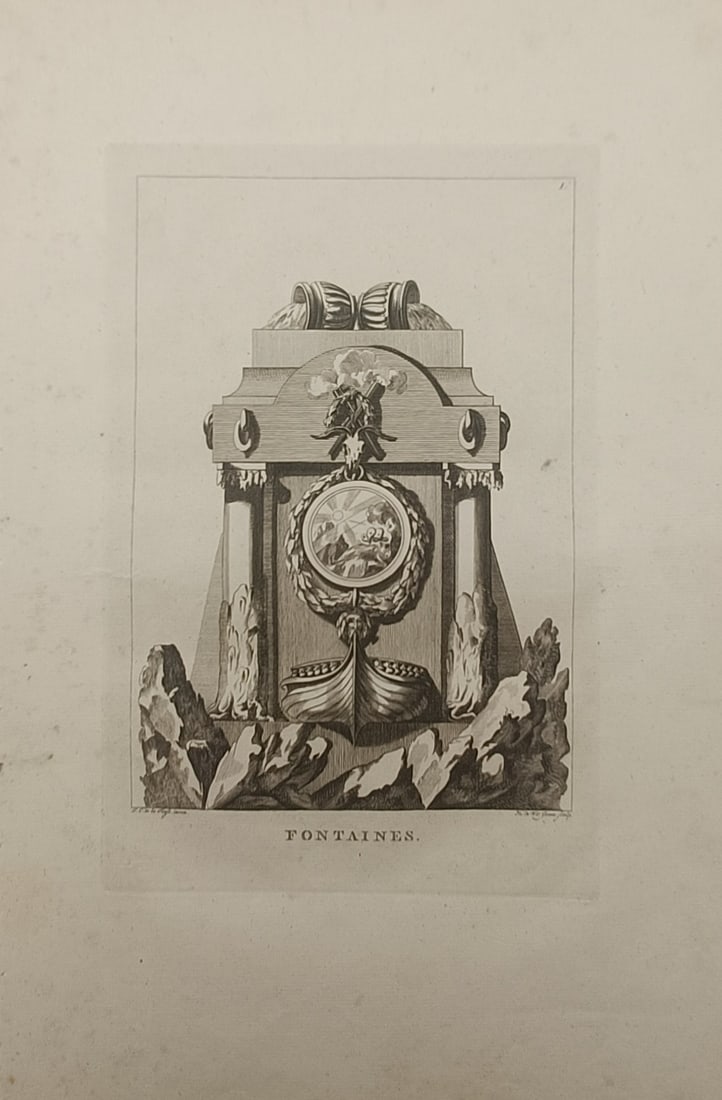 Jean-Charles Delafosse – Monumental Wall Fountain Design with Prow Basin – Engraving: "Fontaines" presents an architectural and ornamental study depicting a monumental wall fountain flanked by fluted columns, embellished with an allegorical medallion, martial crest, cascading scrolls, 
