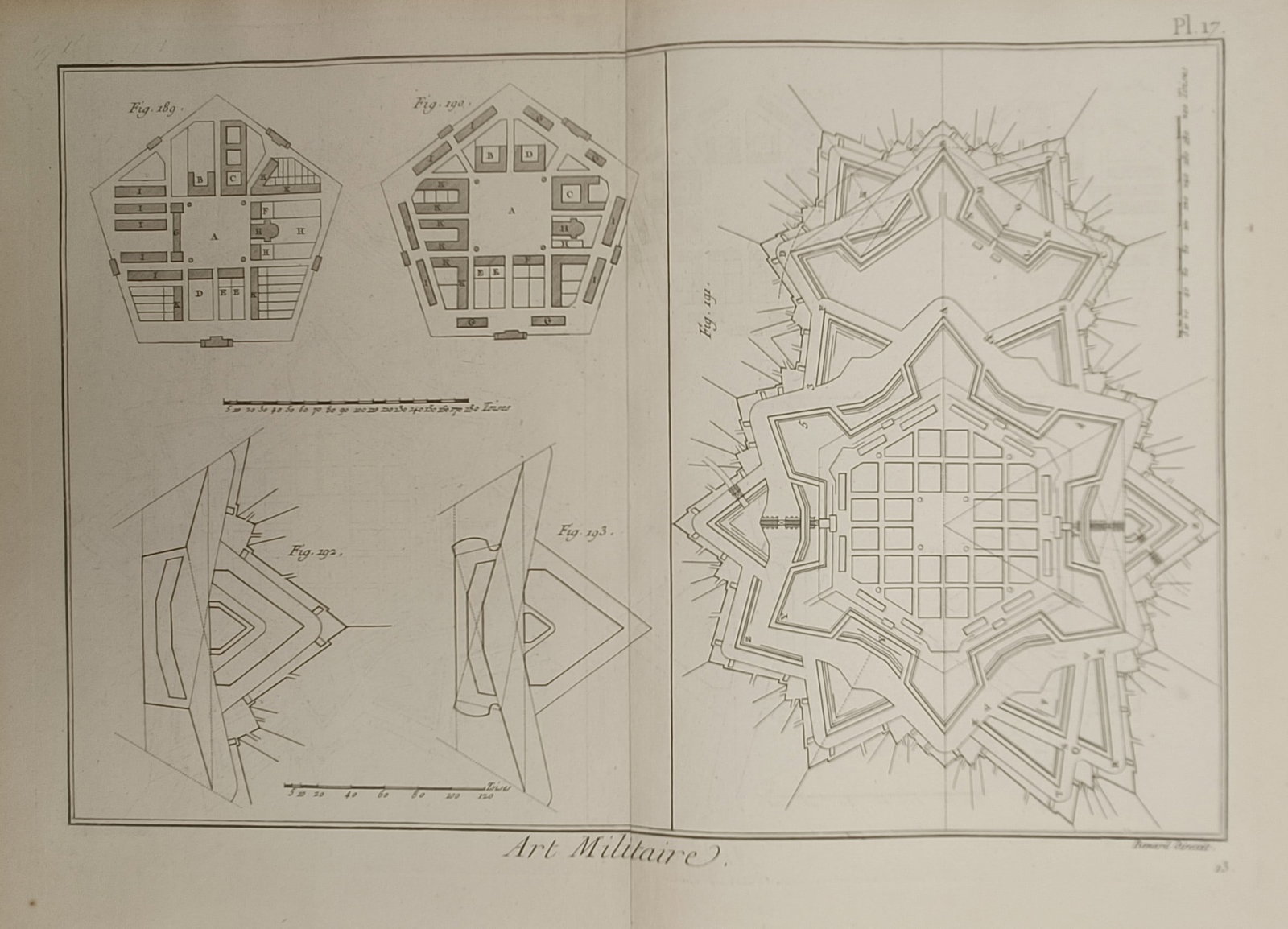 Robert Bénard – Star Fortifications and Bastion Geometry – Engraving (18th Century): "Military Art" presents a technical architectural study illustrating geometric plans for bastioned star fortresses, polygonal defense works, and angle rampart profiles. The monochrome composition show