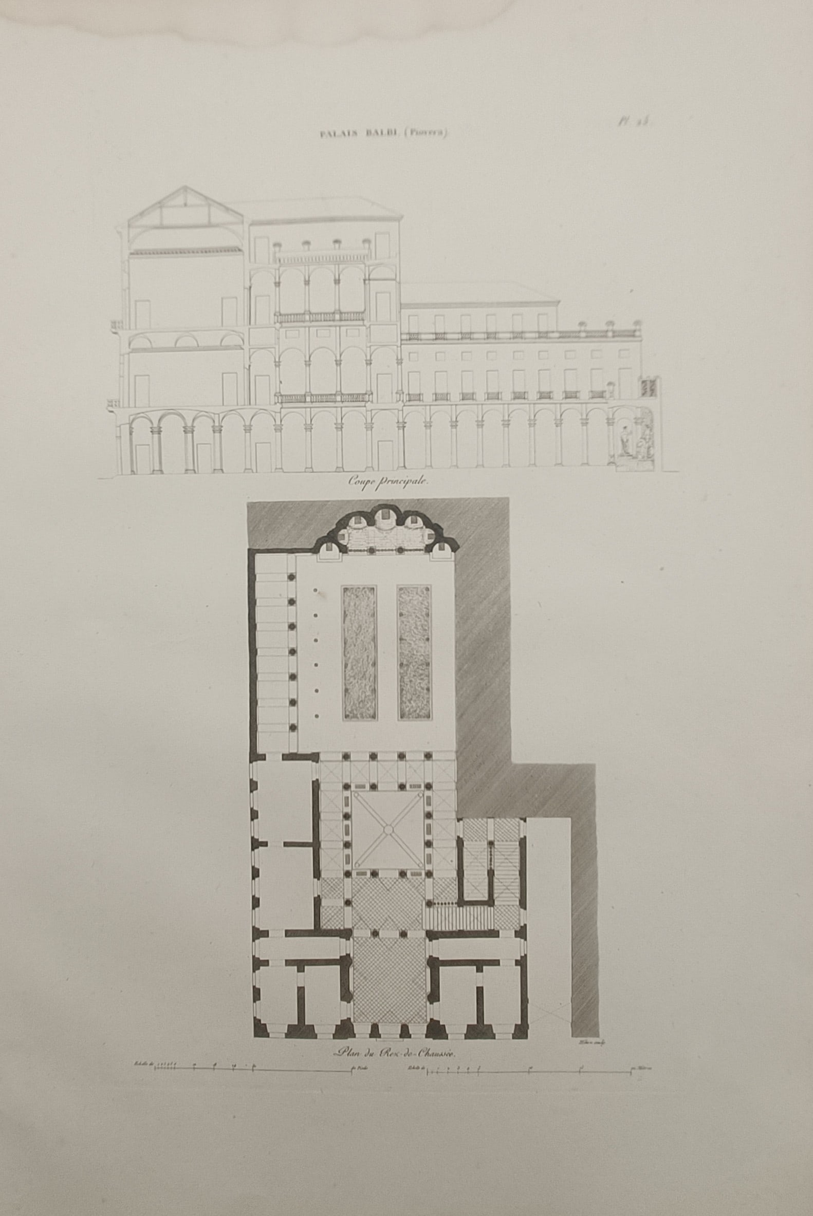 Martin-Pierre Gauthier – Architectural Study of the Balbi Piovera Palace in Genoa – Engraving: "Balbi Palace (Piovera)" presents an architectural study illustrating the principal cross-section and ground floor plan with adjacent gardens of the historic Palazzo Balbi-Piovera in Genoa. The monoch