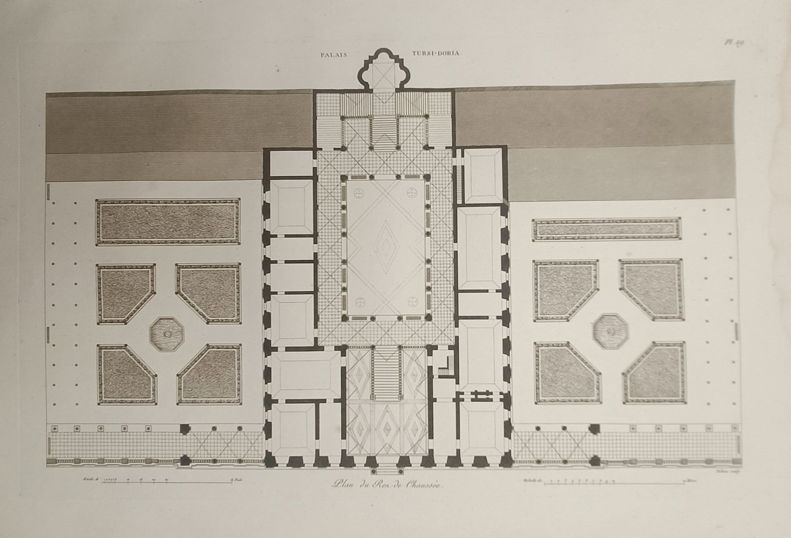 Martin-Pierre Gauthier – Architectural Study of the Tursi Doria Palace Ground Floor – Engraving: "Tursi Doria Palace" presents an architectural study illustrating the detailed ground floor plan, colonnaded courtyards, and symmetrical garden layouts of the historic Palazzo Doria-Tursi in Genoa. Th