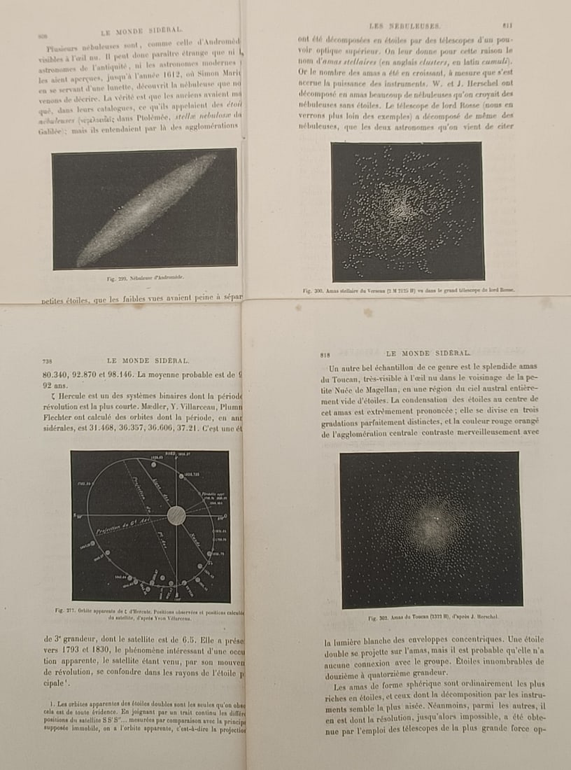 Jean-Pierre Rambosson – Set of 4: The Sidereal World and Deep Sky Nebulae – Engravings: "The Sidereal World" presents a collection of astronomical leaves depicting deep-space celestial phenomena, including stellar clusters, the Andromeda nebula, and binary star orbital diagrams. The illu
