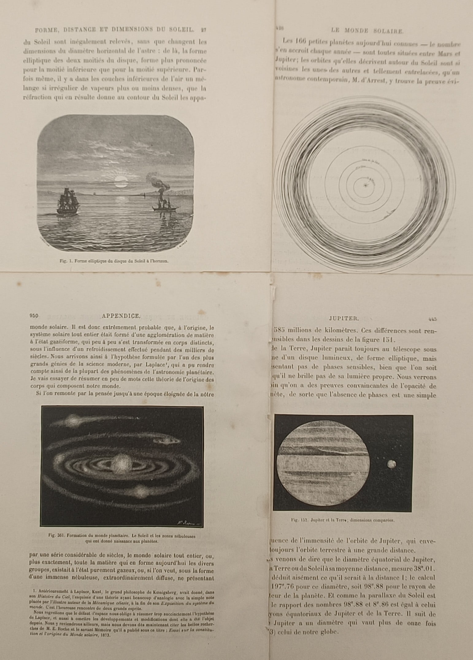 Jean-Pierre Rambosson – Set of 4: The Solar System and Planetary Formation – Engravings: "The Solar World and Planetary Formations" presents a set of four astronomical leaves illustrating planetary science, solar refraction, orbital systems, and cosmogonic hypotheses. The engravings depic
