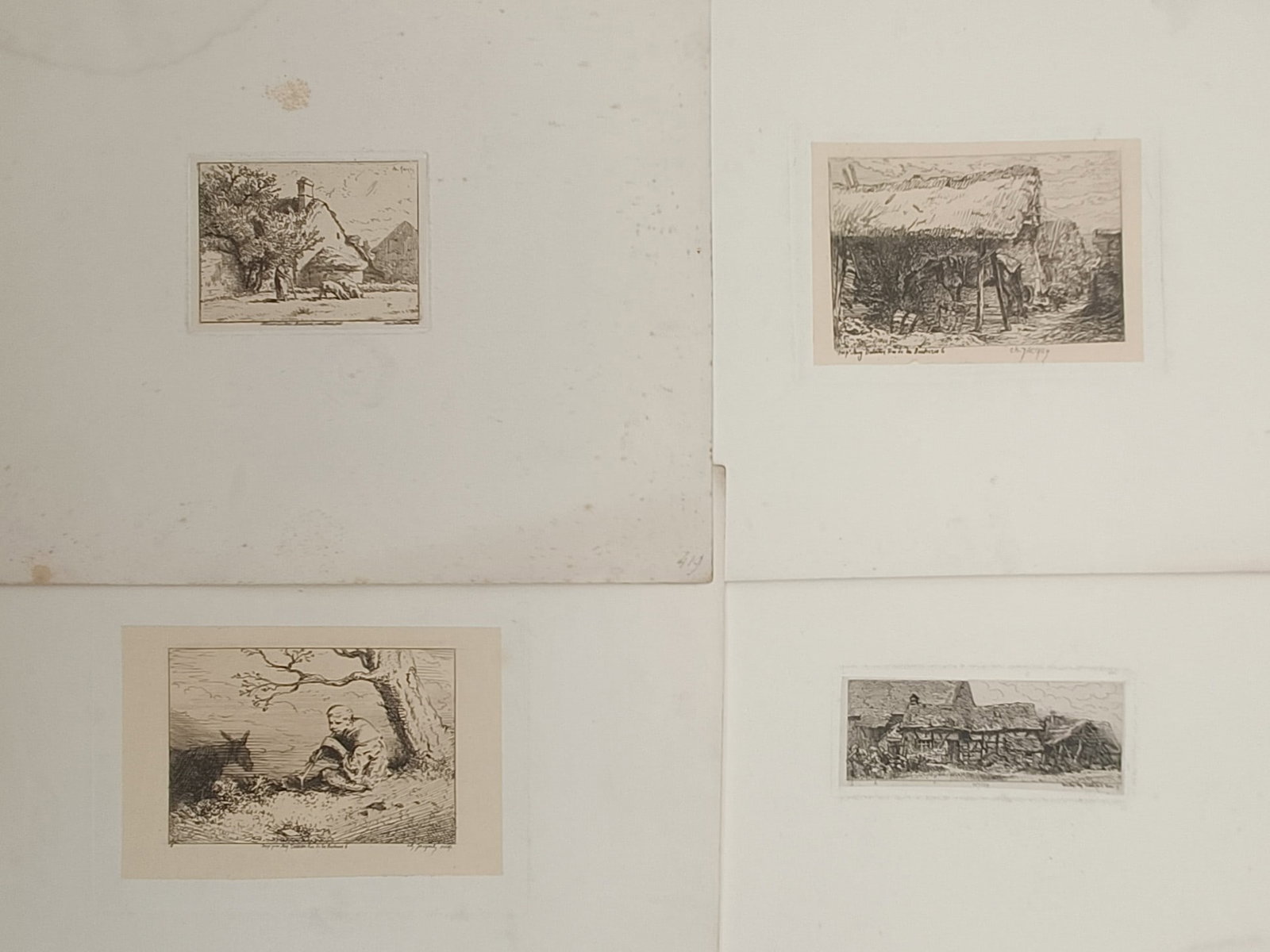 Louis Adolphe Hervier – Set of 4: Rustic Landscapes and Pastoral Scenes – Etchings (19th: "Rustic Landscapes and Pastoral Scenes" presents a series of intimate countryside views depicting rural cottages, farm structures, figures resting by trees, and livestock. The compositions illustrate 