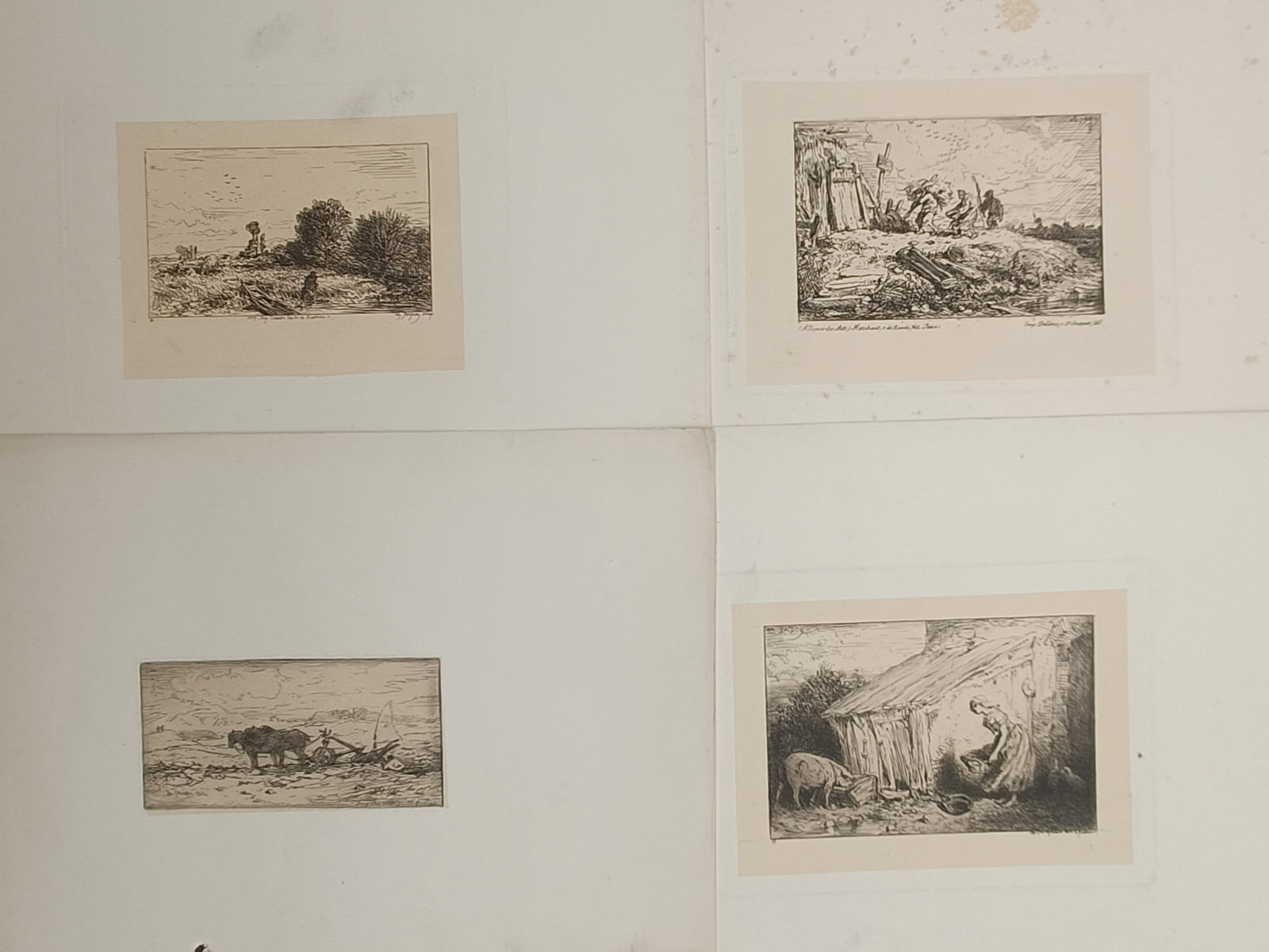 Louis Adolphe Hervier – Set of 4: Countryside Landscapes and Rural Labor – Etchings (19th: "Rural Life and Agricultural Labor" presents four intimate etched compositions depicting open fields, working farm horses with plows, peasant figures near rustic shelters, and village scenes. The etch
