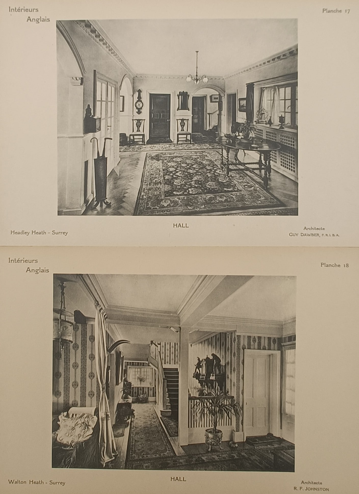 Bedford Lemere & Co. – Set of 2: English Residential Hall Interiors – Engravings (1896-1900): "English Interiors" presents two architectural plates capturing entrance hall interiors from country houses in Surrey, showcasing detailed period furnishings, decorative cornices, patterned carpets, a