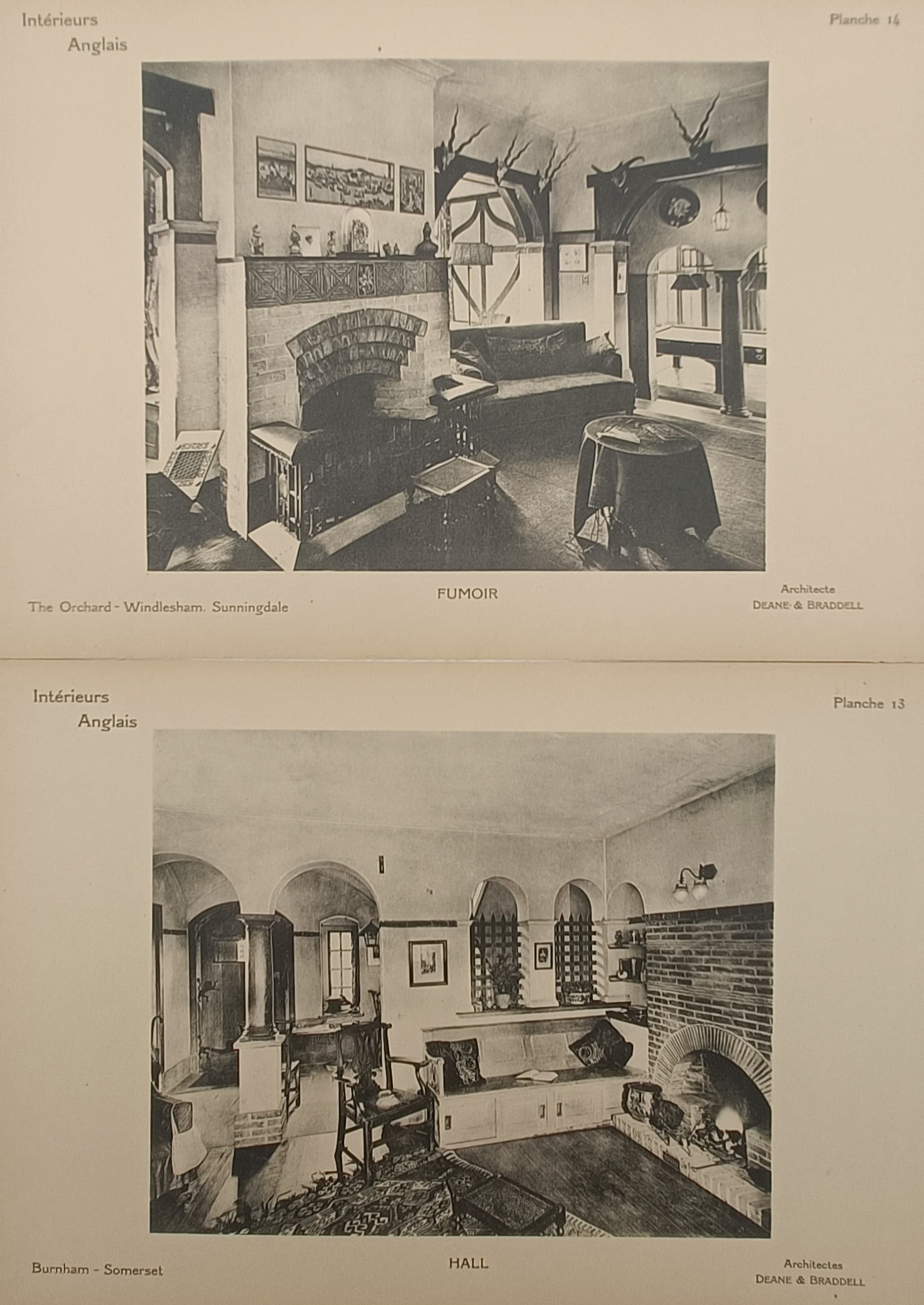 Bedford Lemere & Co. – Set of 2: English Residential Smoking Room and Hall Interiors –: "English Interiors" presents two architectural plates depicting a smoking room and an entrance hall from English residences designed by architects Deane and Braddell. The compositions illustrate Arts 