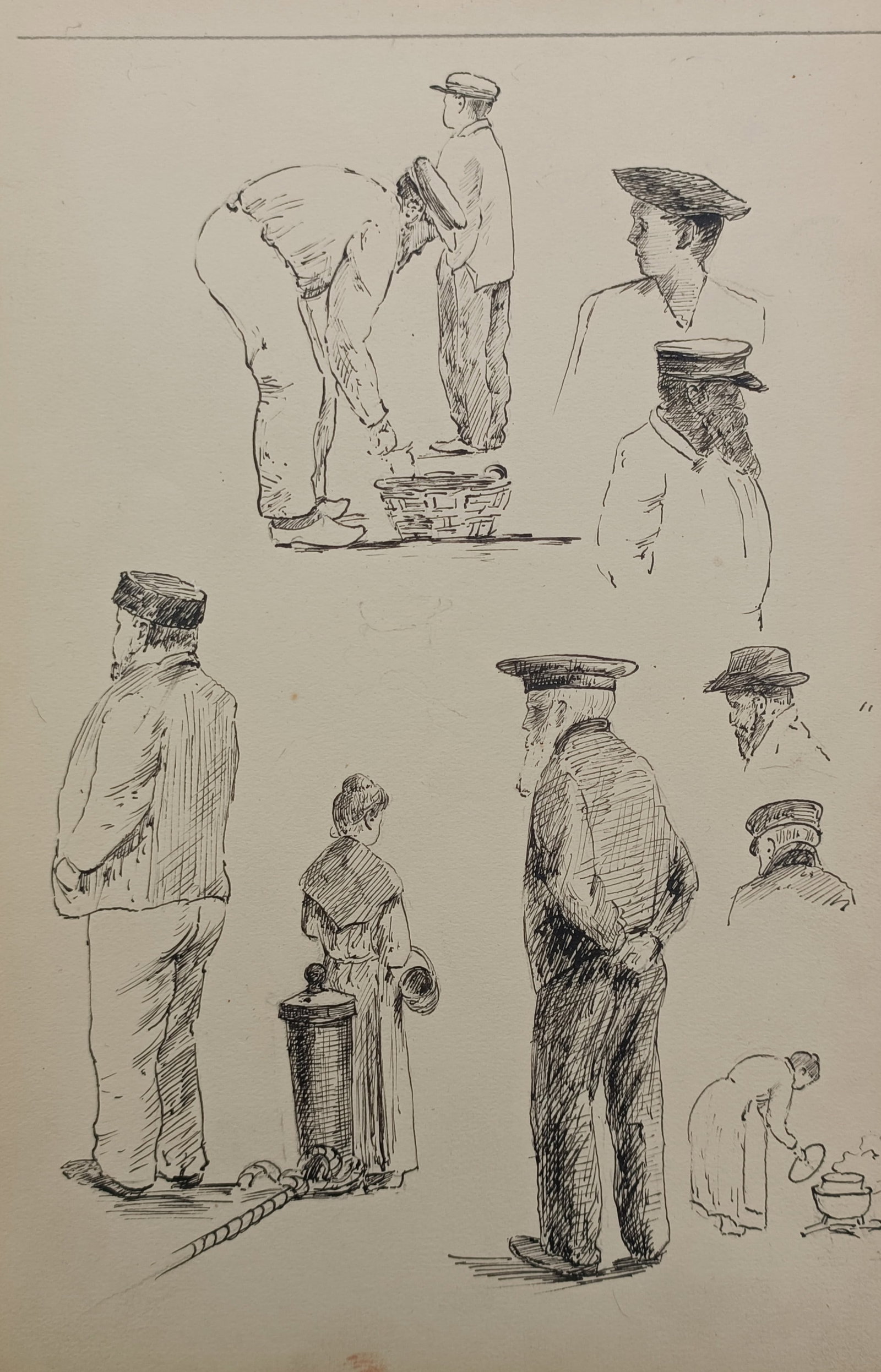 Louis Adolphe Hervier – Figure Studies of Fishermen and Port Figures – Etching (19th Century): "Studies of Figures and Port Life" presents a sheet of drawn character studies depicting fishermen, dock workers, standing villagers, and domestic figures in traditional maritime attire. The compositi