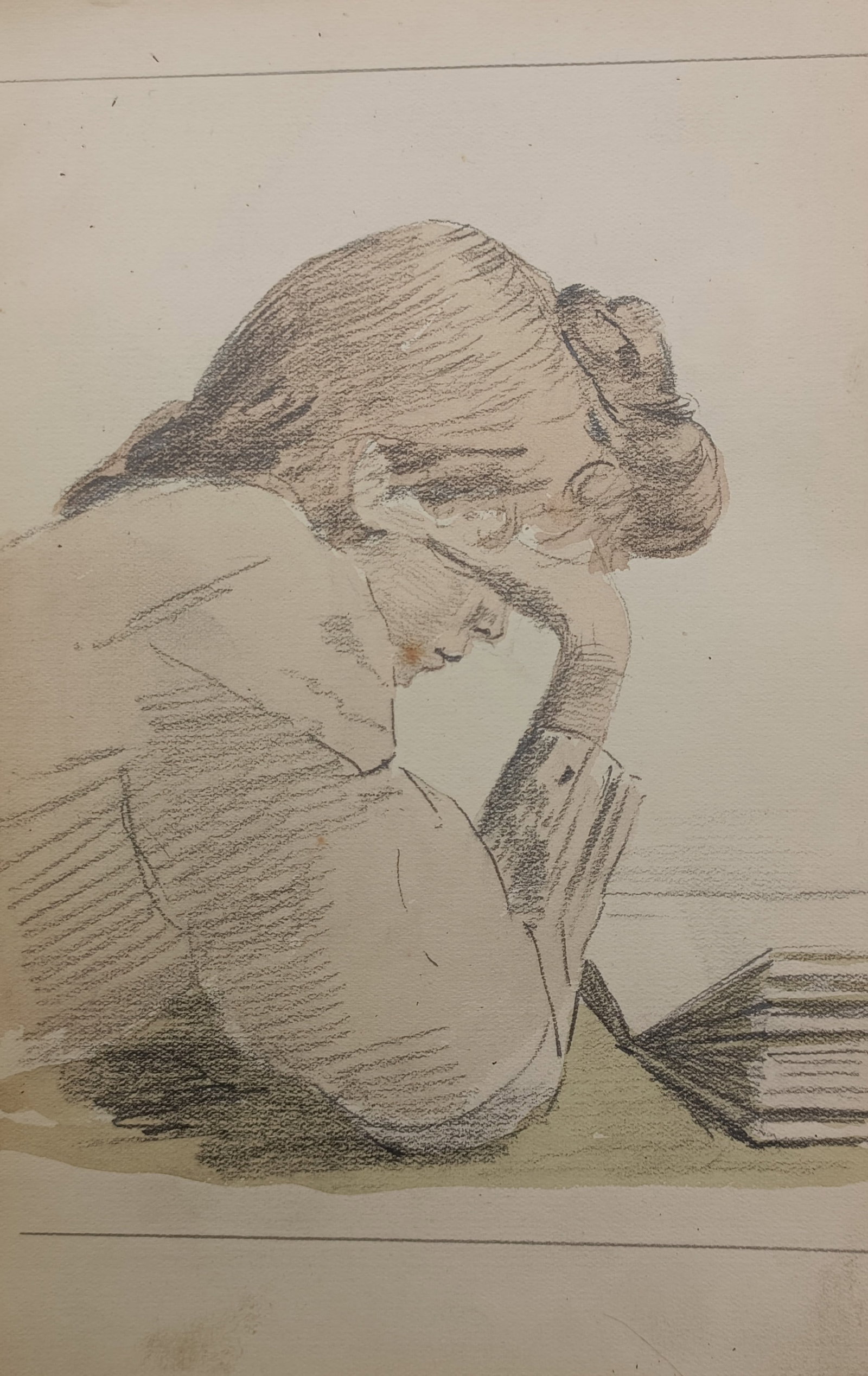 Louis Adolphe Hervier – Study of a Young Woman Reading – Lithograph (19th Century): "Study of a Reader" presents an intimate domestic study depicting a seated young woman resting her head on her hand while reading an open book. The composition captures quiet interior contemplation an