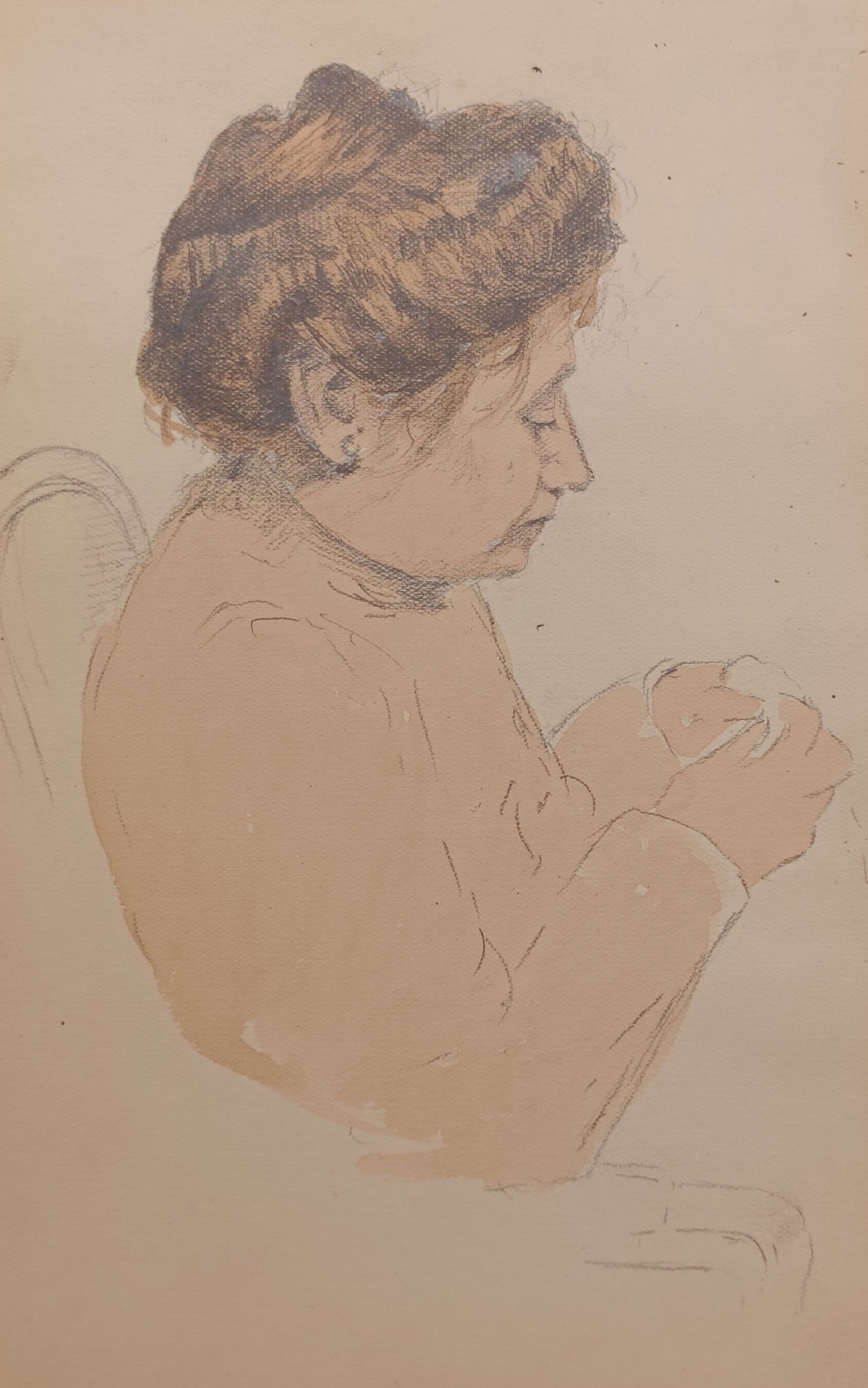 Louis Adolphe Hervier – Profile Study of a Seated Woman Sewing – Lithograph (19th Century): "Seated Woman at Her Needlework" presents an intimate domestic study depicting a seated female figure in profile engaged in hand sewing. The composition captures quiet interior absorption and focused 