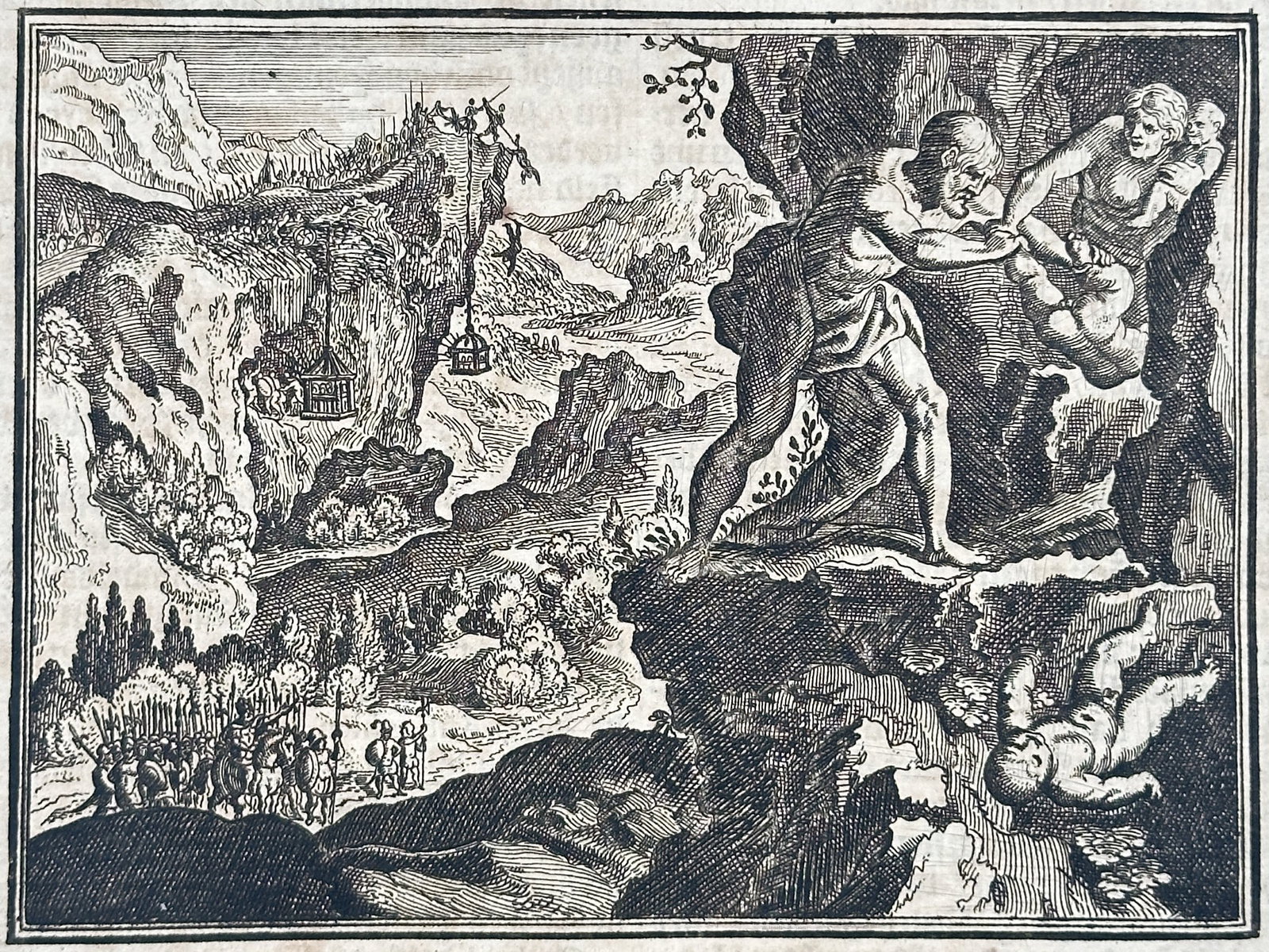 Johann Lodewijk Gottfried – Herod's Soldiers Attacking Bandits in Mountain Caves – Engraving: "The Destruction of the Robbers in the Caves" presents a dramatic historical and biblical narrative illustration depicting King Herod’s campaign against cave-dwelling bandits, showing soldiers lower