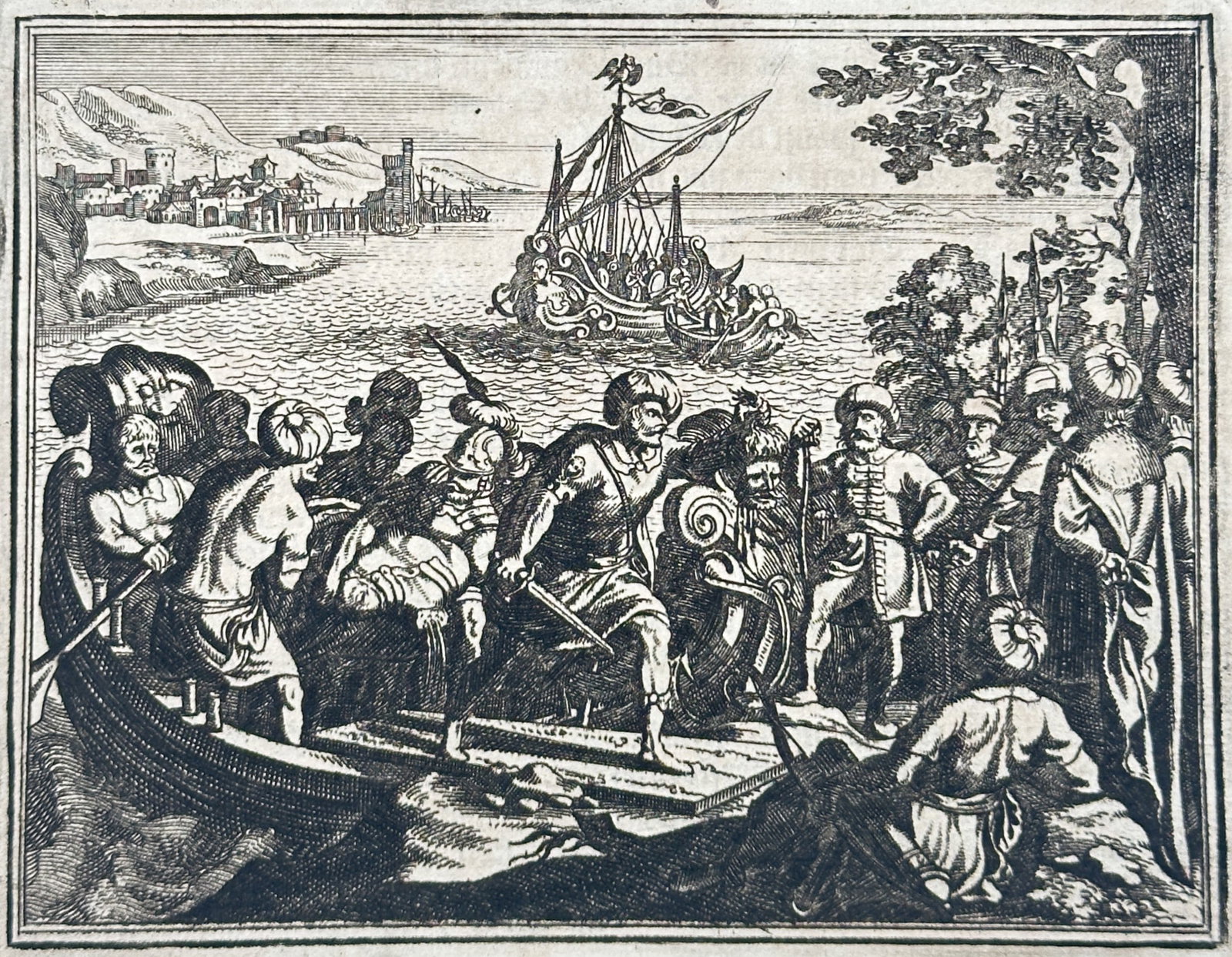 Johann Lodewijk Gottfried – Historical Scene of the Assassination of Pompey the Great in Egypt: "The Assassination of Pompey the Great in Egypt" presents a dramatic classical history illustration depicting the Roman general Pompey arriving by boat at the Egyptian coast, where armed soldiers and 