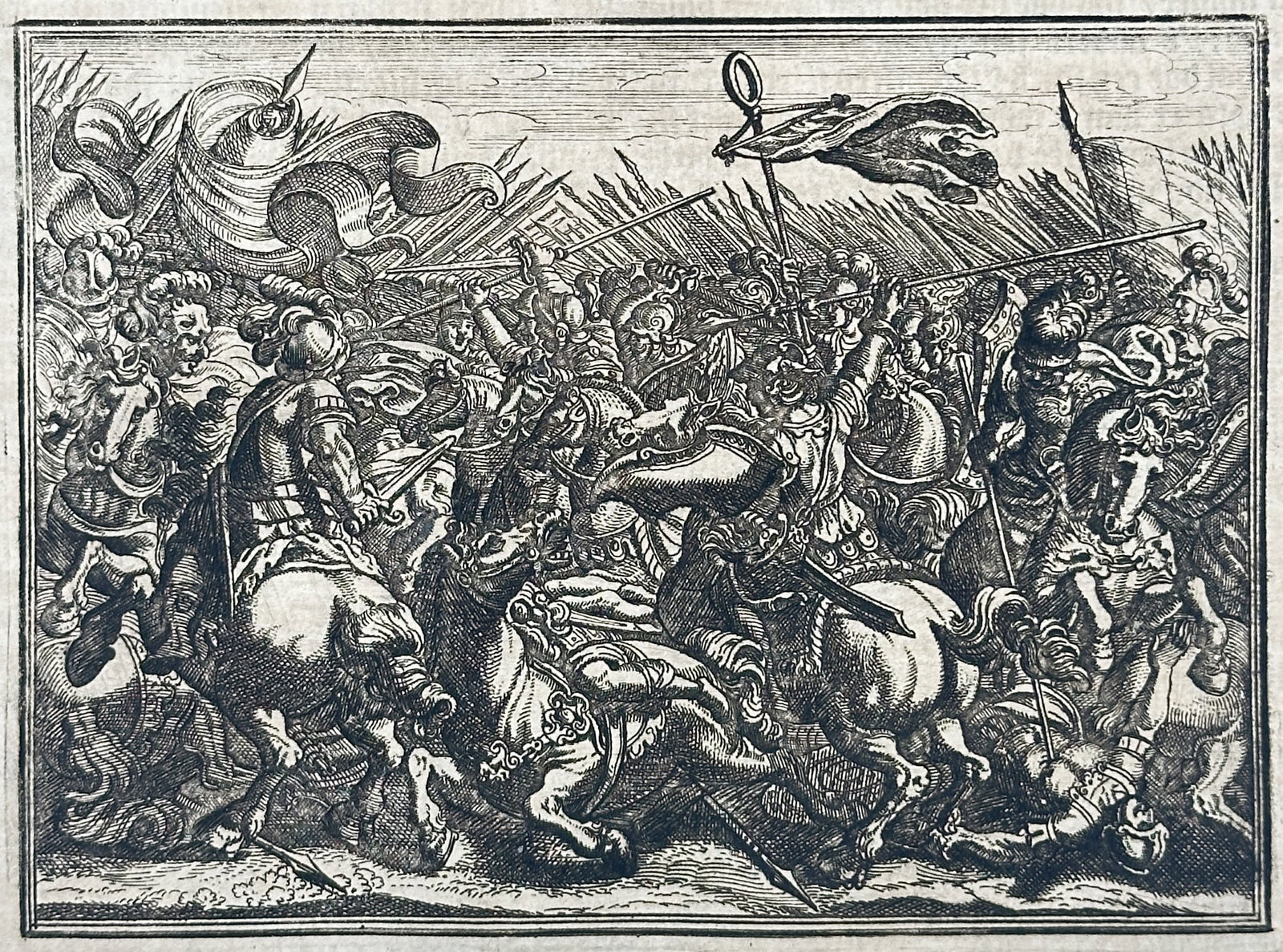 Johann Lodewijk Gottfried – Classical Battle Scene of the Sertorian and Servile Wars – Engraving: "The Wars of Sertorius and the Gladiator Rebellion" presents a dynamic classical battle scene depicting armored Roman commanders and cavalrymen clashing with swords beneath military standards amidst c