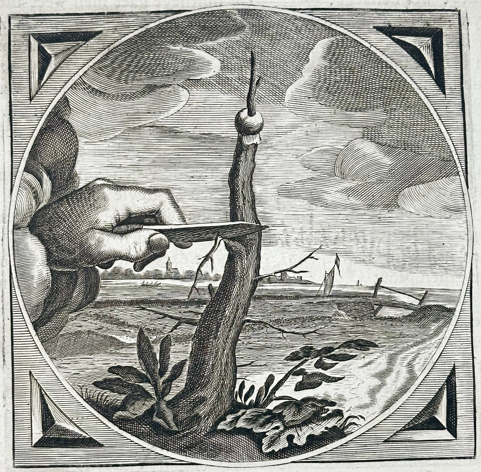 Jacob Cats – Moral Emblem of the Grafted Tree and Pruning Hand – Engraving (17th Century): "One Is Sufficient" presents a circular moral emblem illustrating a human hand carefully pruning lateral branches from a newly grafted tree trunk set against an open Dutch landscape with distant water
