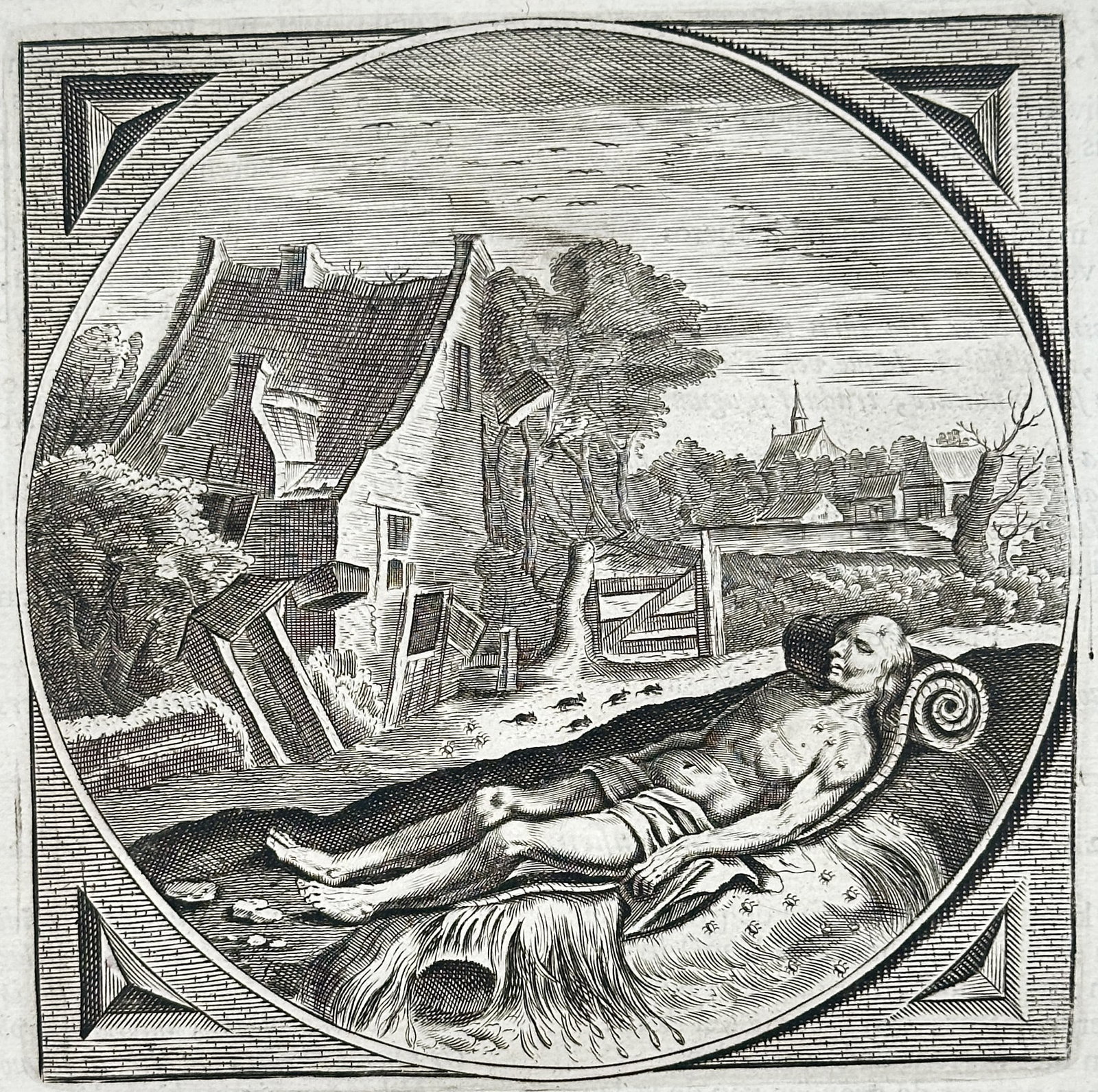 Jacob Cats – Moral Emblem of the Afflicted Man and the Decaying House – Engraving (17th Century): "No One in Pain Is Open to Lust" presents a circular moral emblem illustrating an afflicted, reclining figure outdoors beside a dilapidated farmhouse, with mice scattering as the building decays and a