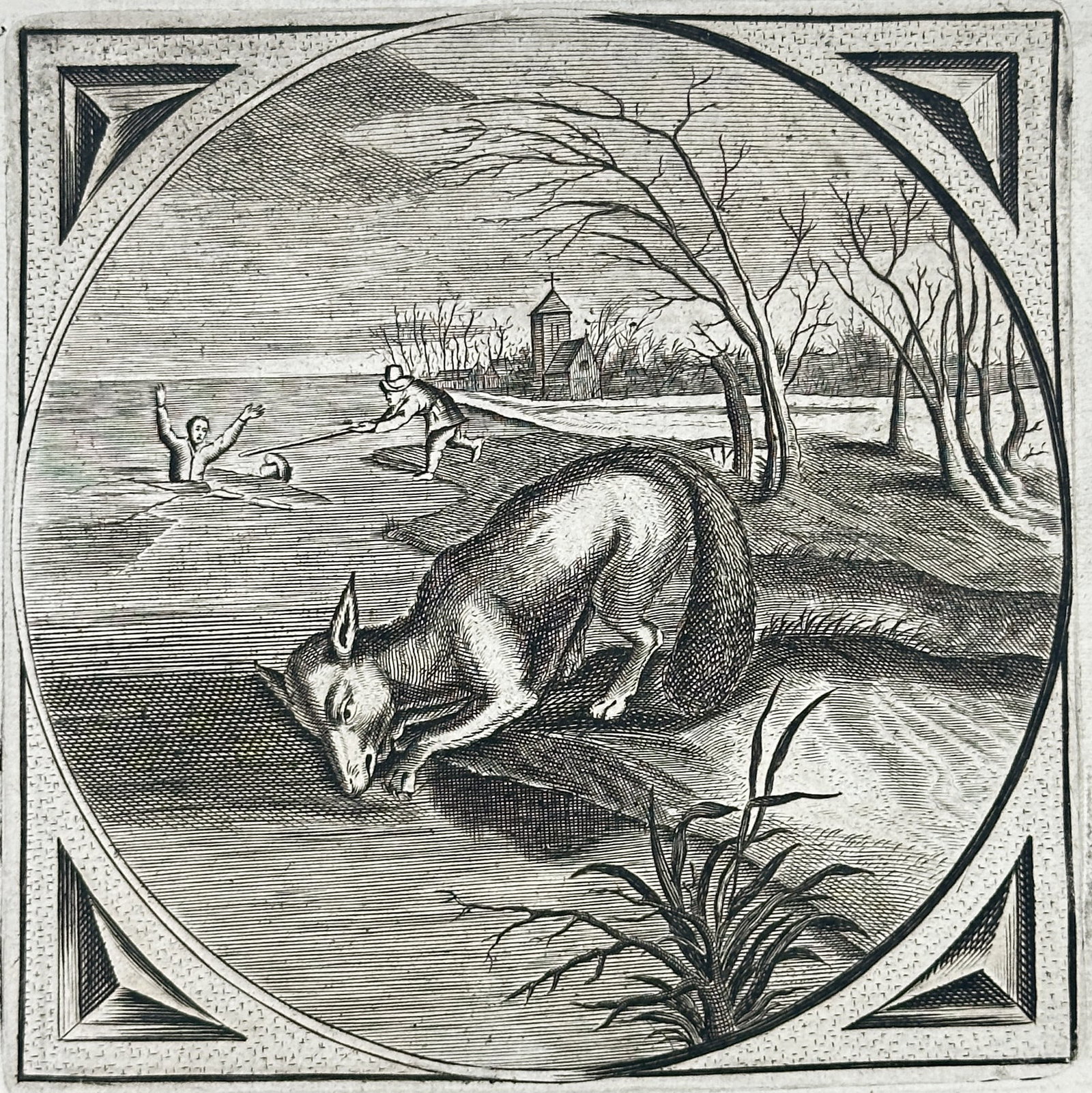 Jacob Cats – Moral Emblem of the Cautious Fox and the Thin Ice – Engraving (17th Century): "Weigh Before You Venture" presents a circular moral emblem depicting a fox cautiously testing the frozen water with its ear alongside an icy winter landscape where a figure falls through broken ice w